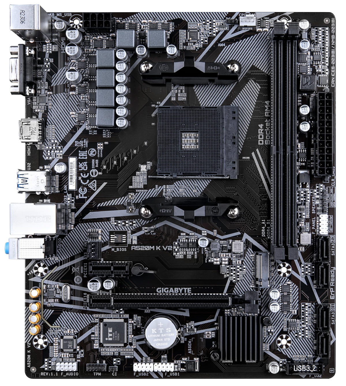 Placa de bază GIGABYTE A520M K V2 - Suportă procesoare AMD Ryzen 5000 serie AM4, până la 5100MHz DDR4 (OC), PCIe Gen3 x4 M.2, LAN GbE, USB 3.2 Gen 1