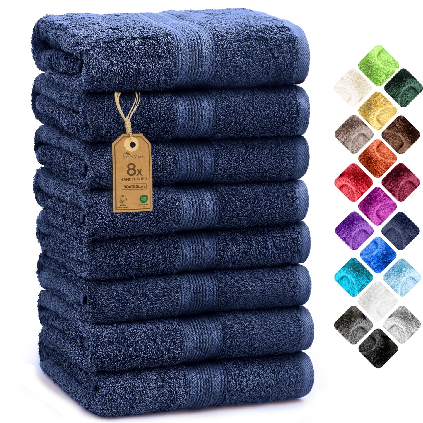 NatureMark 8 towel set - 100% cotton - absorbent and durable towels, size 50×100cm, navy blue - NM-HT0854
