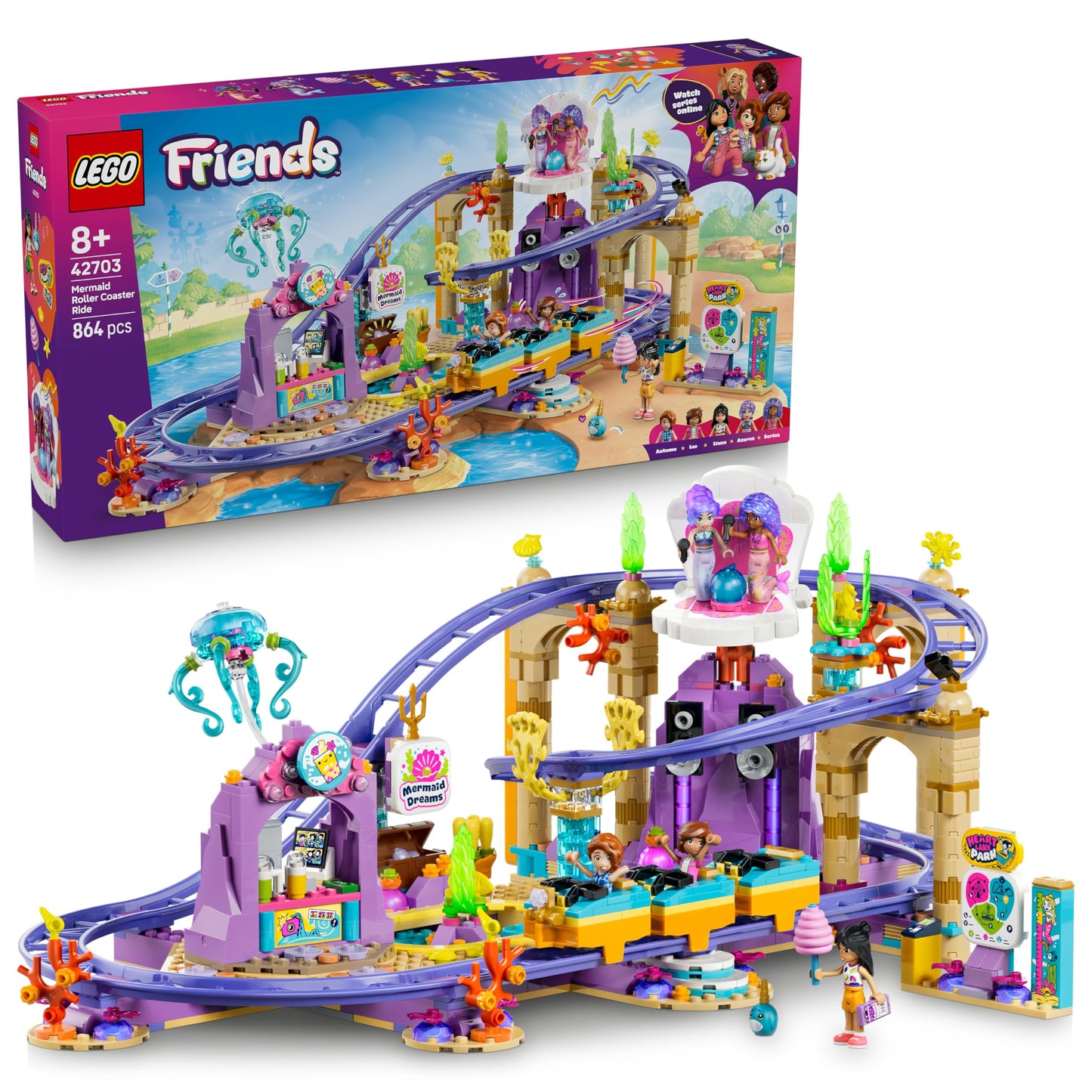 LEGO Friends Mermaid Roller Coaster - Interactive toy with 3 cars, shop, 5 minifigures and accessories - children's room decoration - gift idea for girls aged 8 and up - 42703