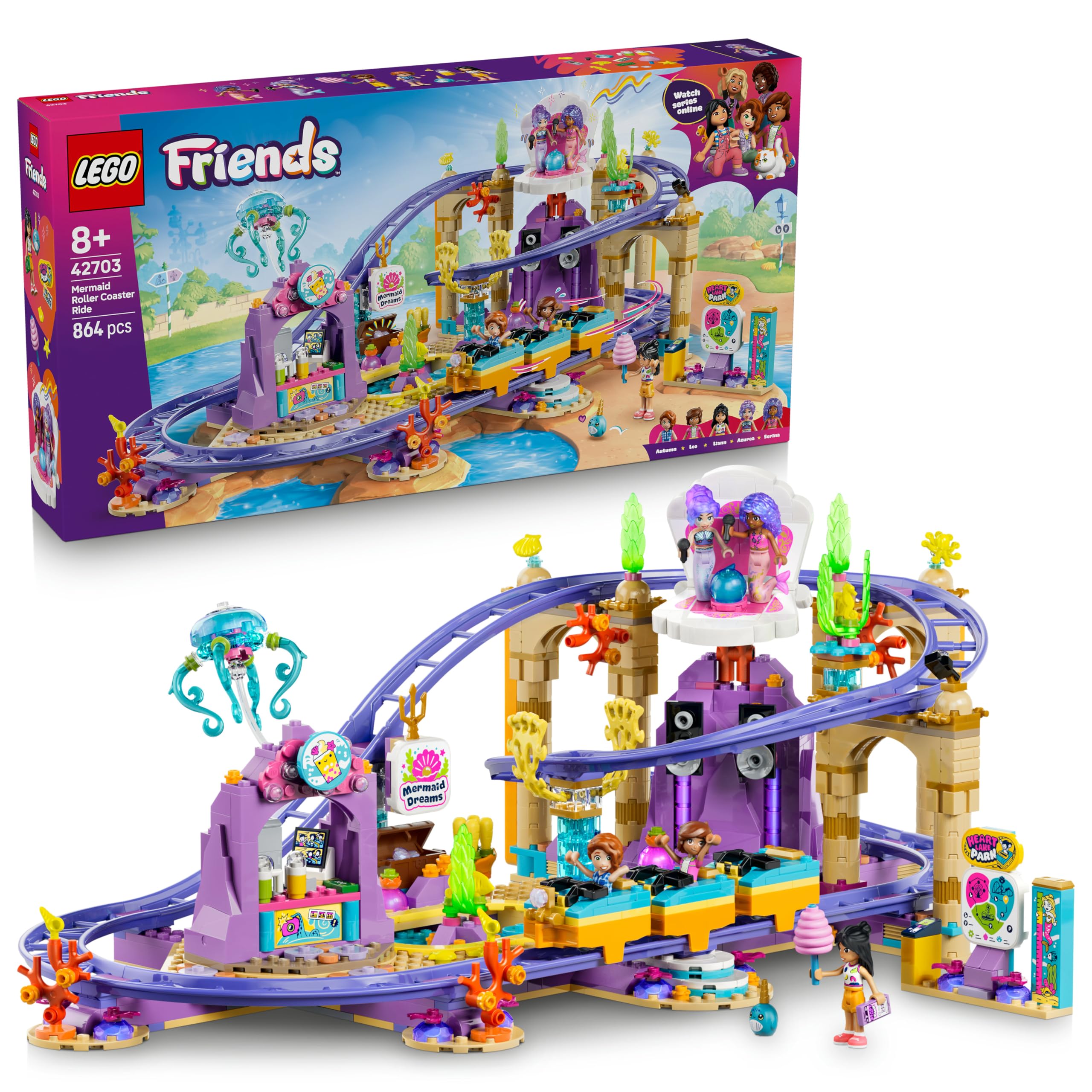 LEGO Friends Mermaid Roller Coaster - Interactive toy with 3 cars, shop, 5 minifigures and accessories - children's room decoration - gift idea for girls aged 8 and up - 42703