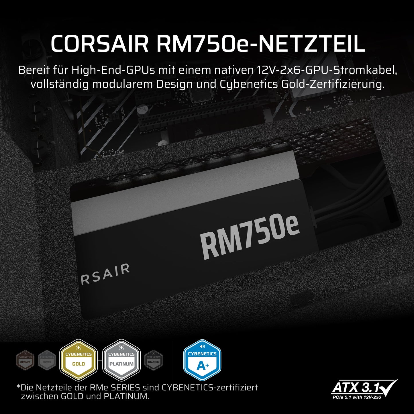 CORSAIR RM750e (2025) Quiet Fully Modular ATX Power Supply with 12V 2x6 Cable - Zero RPM Fan Mode, ATX 3.1 Compliant, PCIe 5.1 Support, Cybenetics Gold - Black - CP-9020295-EU