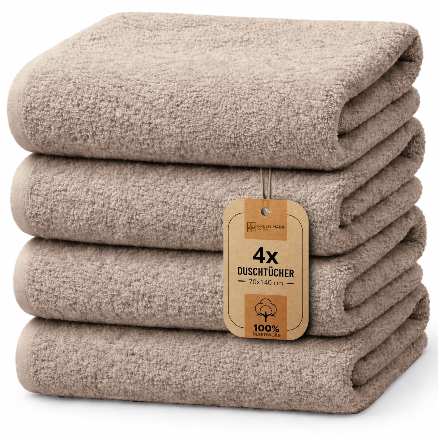 NatureMark 4-piece shower towel set - soft and absorbent shower towels made from 100% cotton, suitable for everyday use - sand/beige, 70x140 cm - 4251590100090