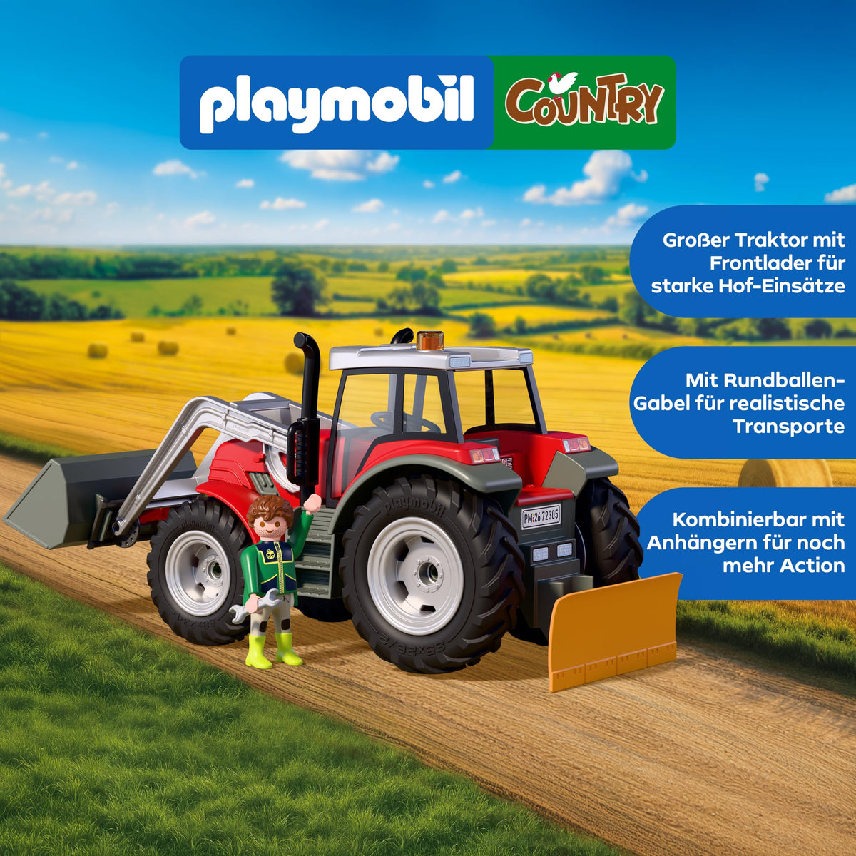 PLAYMOBIL | Țară | Tractor mare cu baloturi de fân | Tractor puternic cu încărcător frontal, baloturi rotunde și set de unelte | Pentru copii de la 4 ani | 72305