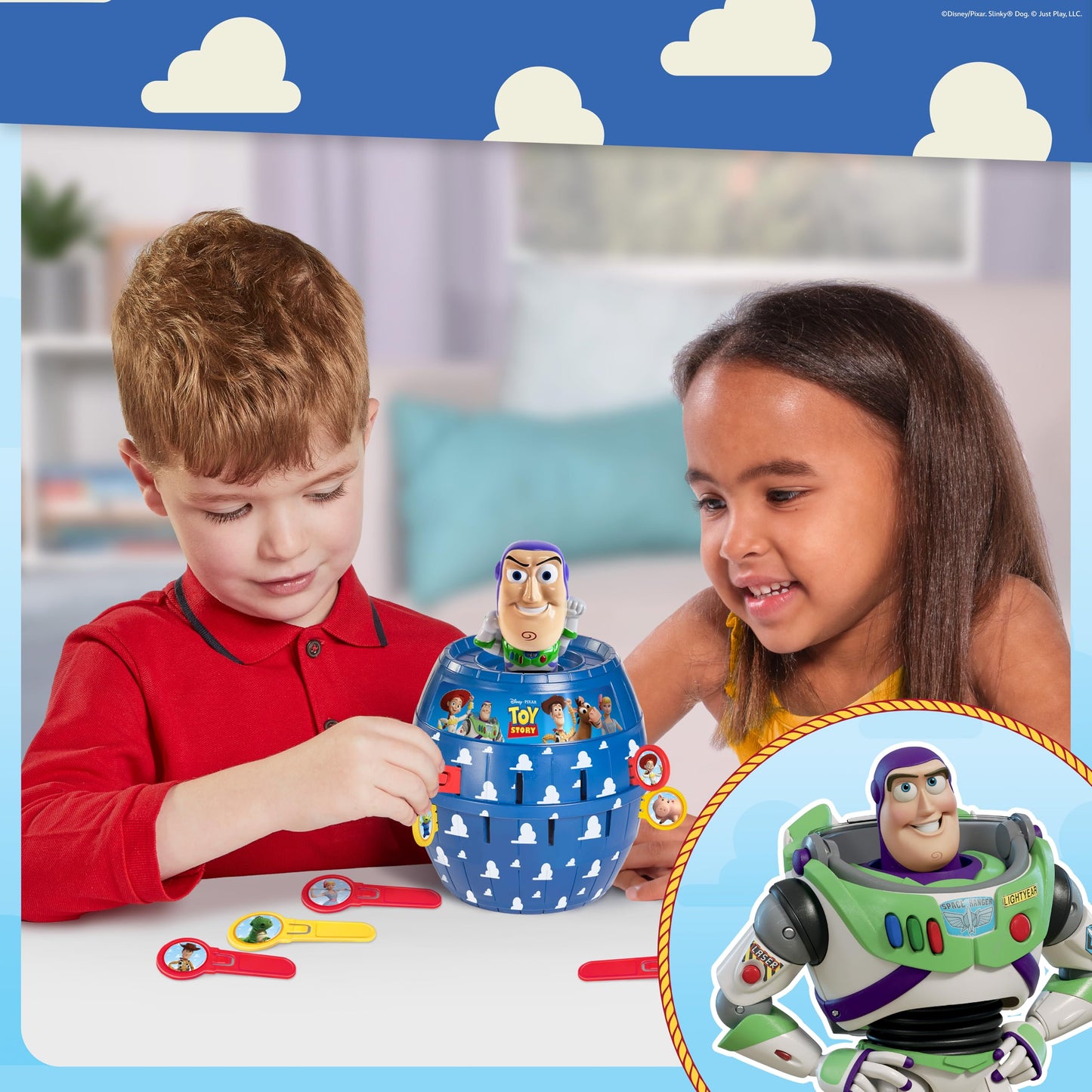 TOMY Pop Up Buzz Lightyear game, Toy Story children's action game, fun plug-in game with sticks, Disney Pixar Buzz Lightyear family game, quick reaction game for 2-4 players, ages 4 and up - T73938