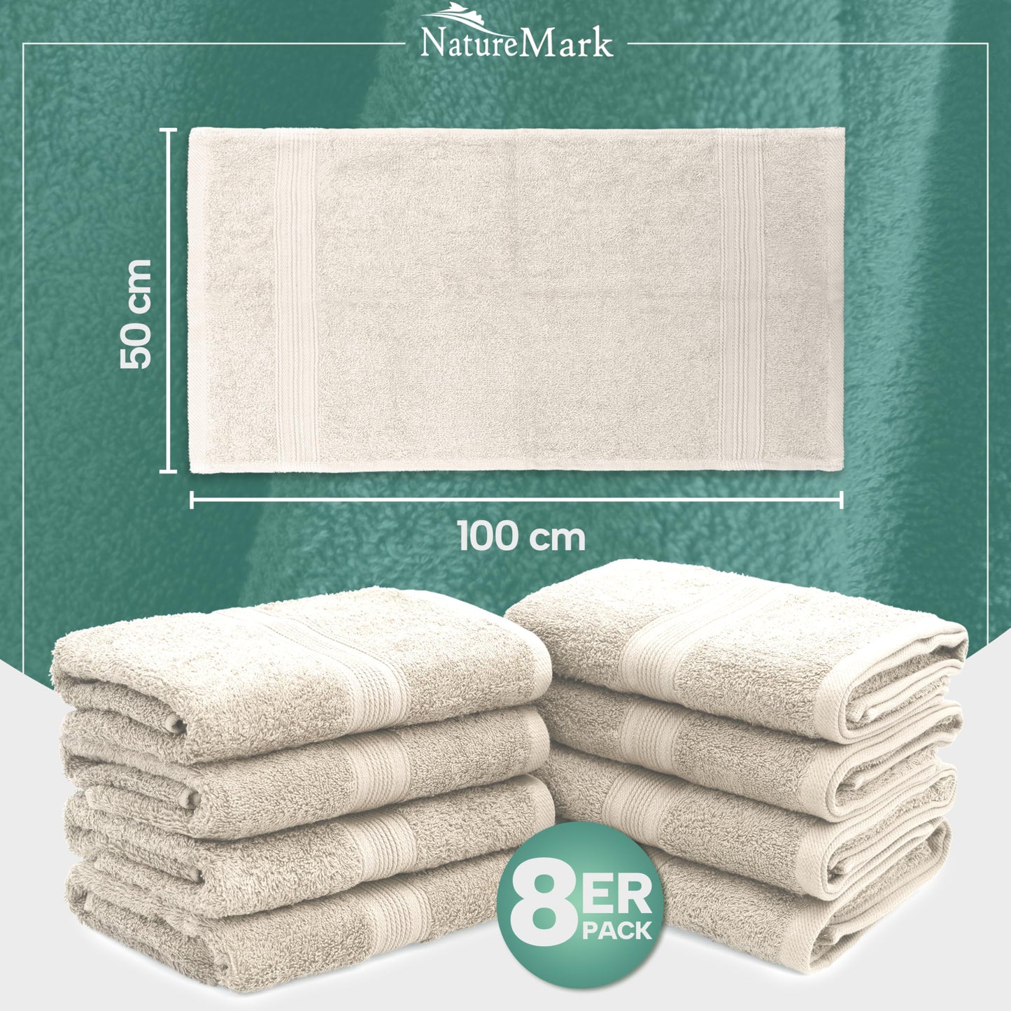 NatureMark 8 towel set - 100% cotton - absorbent and durable towels, size 50×100cm, natural/cream - 8er_natur