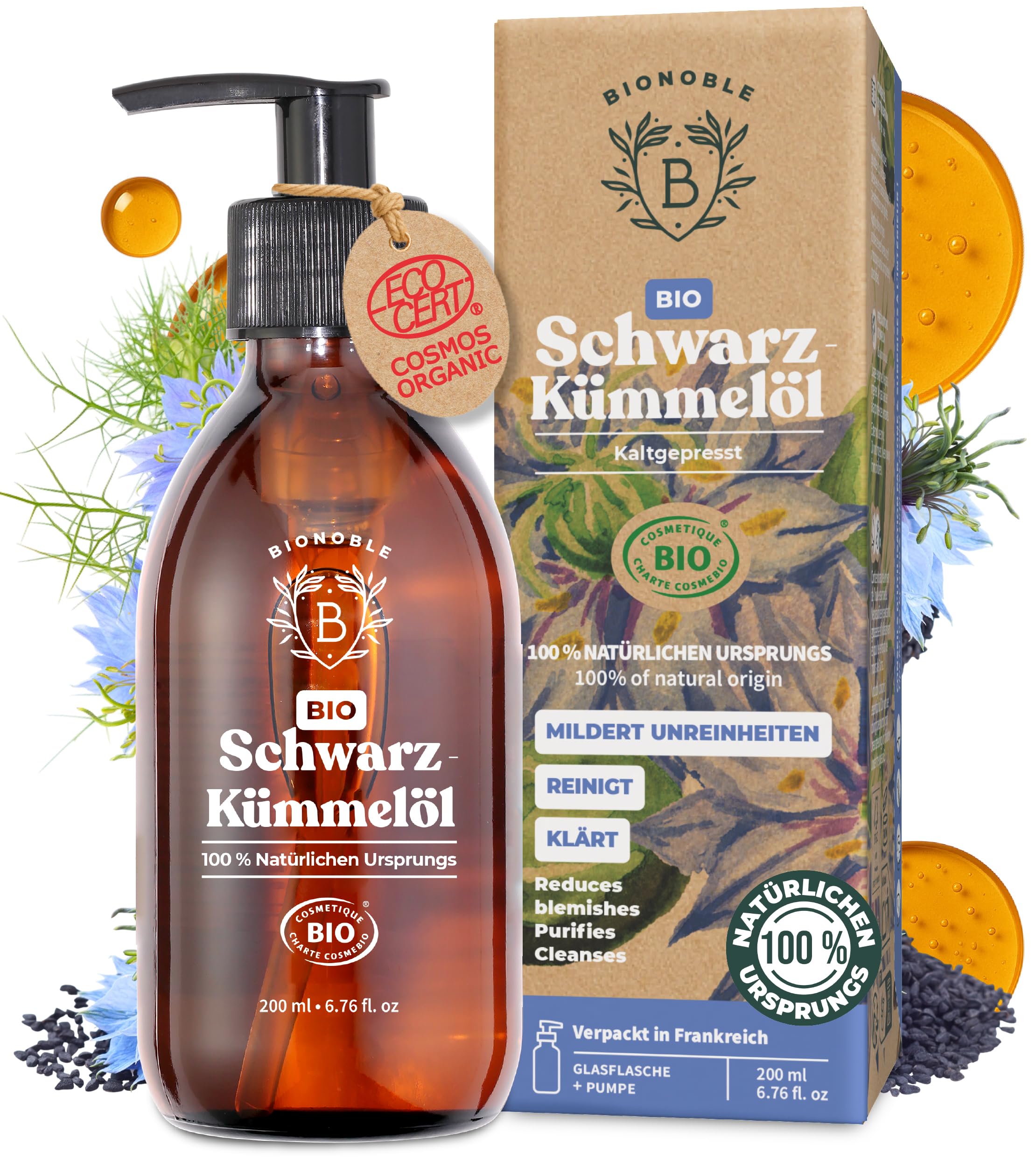 BIONOBLE Black Seed Oil Organic Cold Pressed - 100% Natural, Without Hexane - Alleviates Impurities - Black Seed Oil Face, Hair, Skin - Vegan Black Seed Oil - Glass Bottle, Pump - 200ml - France