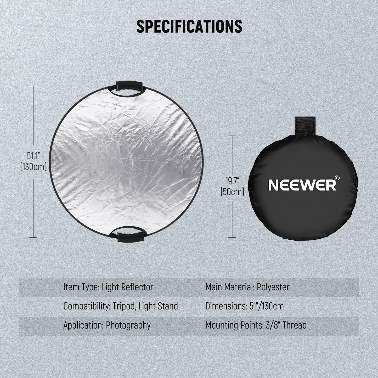 Neewer 130cm Light Reflector with Handle and 3/8" Thread, 5 in 1 Foldable Disc Light Diffuser, Translucent/Silver/Gold/White/Black for Photography Lighting, Outdoor Lighting, RF-130II