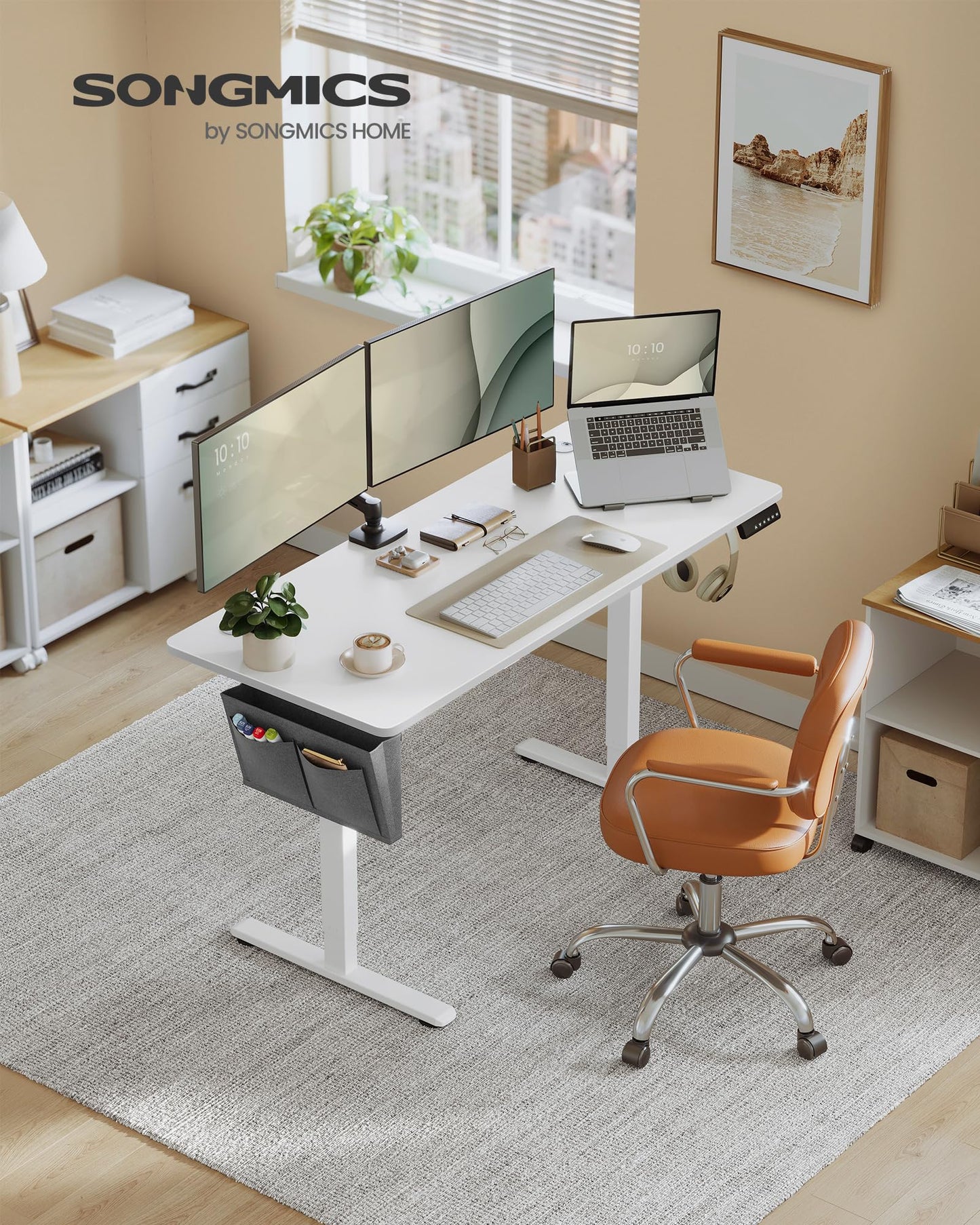 SONGMICS Electric height-adjustable desk, 140 x 60 cm, continuously adjustable, memory function with 4 heights, for office, cloud white LSD134W01 - LSD03X01