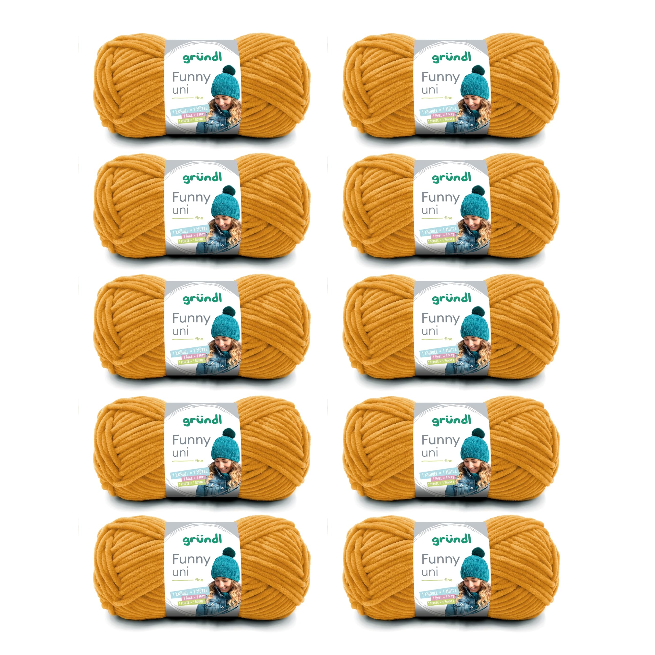 Gründl Wolle Funny uni - lână moale tip chenille pentru croșetat - pufoasă și prietenoasă cu pielea - 100% poliester - 10 sculuri de 100 g / 120 m - dimensiune croșetă 5-6, muștar - 3442-31