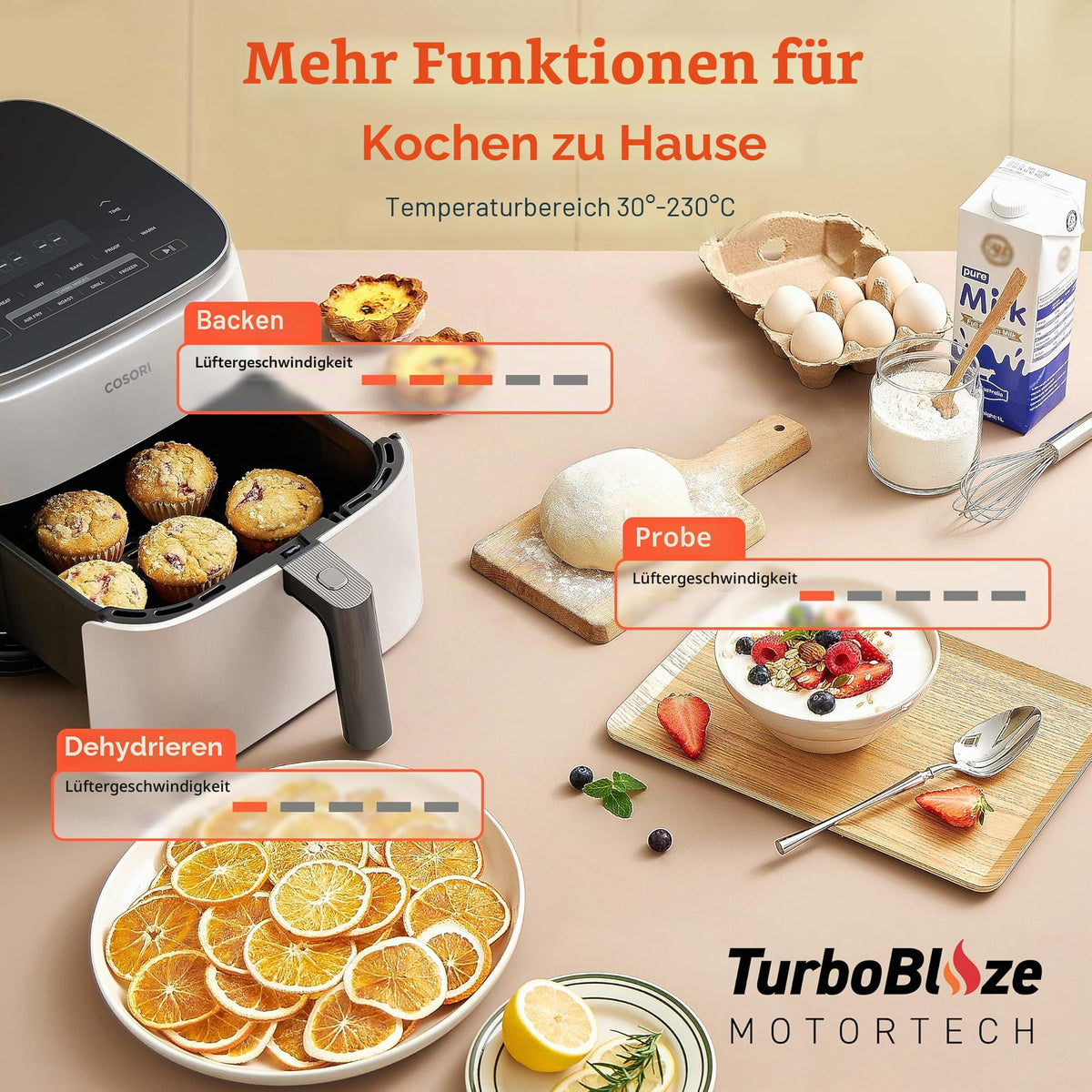 COSORI Turbo Blaze Air Fryer 6L Air Fryer 46% Faster with DC Motor 9 in 1 Oil Fryer with 117 Cooking Recipes Dishwasher Safe Deep Frying Baking Roasting Drying White - DC601-AEU