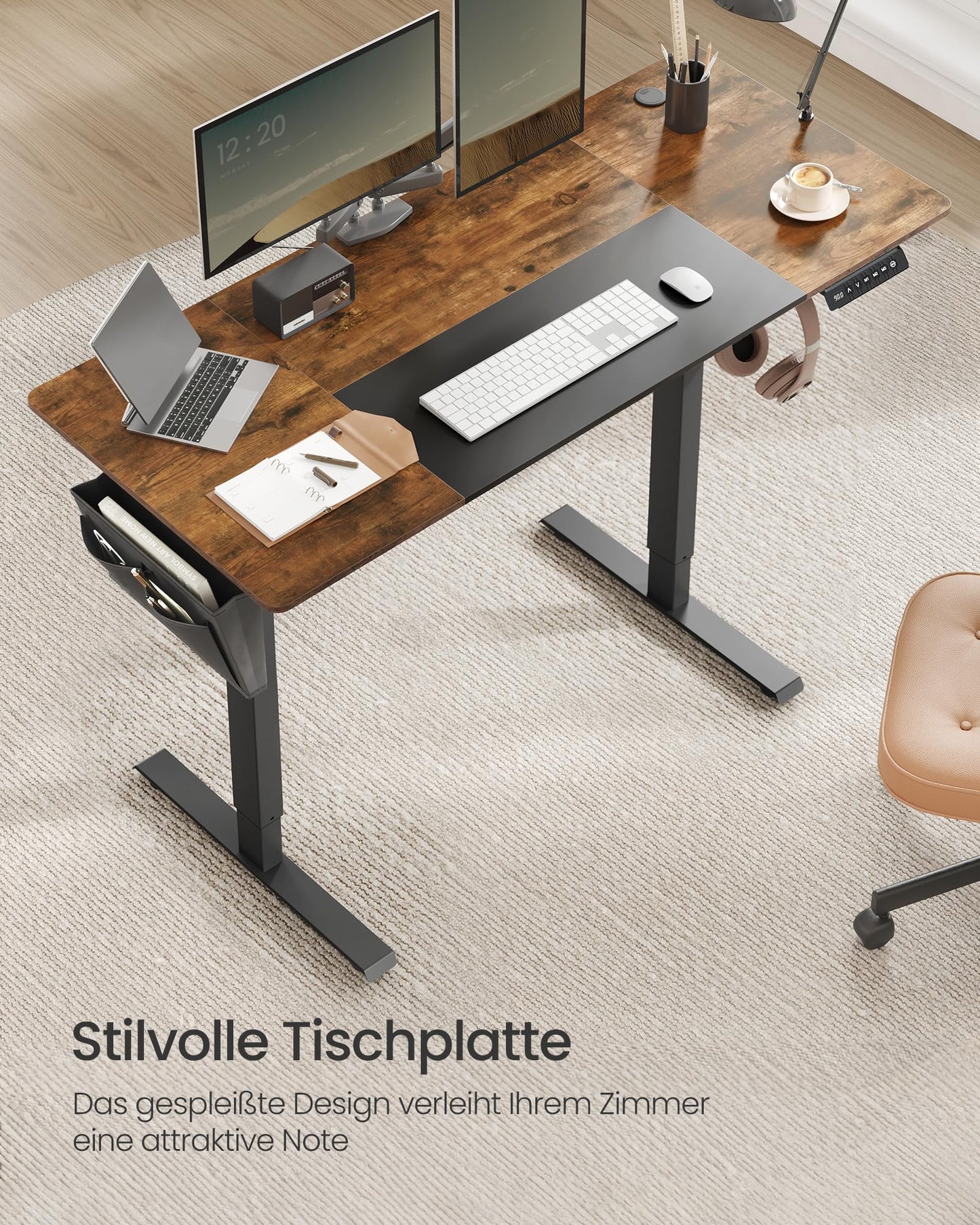 SONGMICS Electric height-adjustable desk, 140 x 60 cm, infinitely adjustable, memory function with 4 heights, vintage brown-ink black LSD016X01
