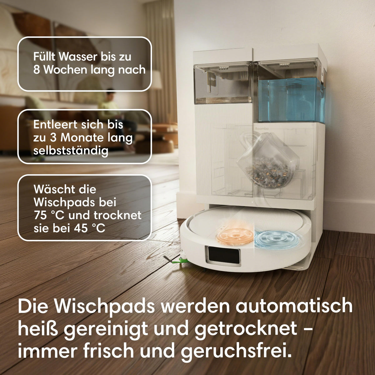 iRobot Roomba® Plus 515 Combo Robot + AutoWash™ Dock, 22Kpa, Dock multifuncțional, spală și usucă padurile de ștergere la temperaturi ridicate, Clearview LiDAR, se golește singur, alb - N285240