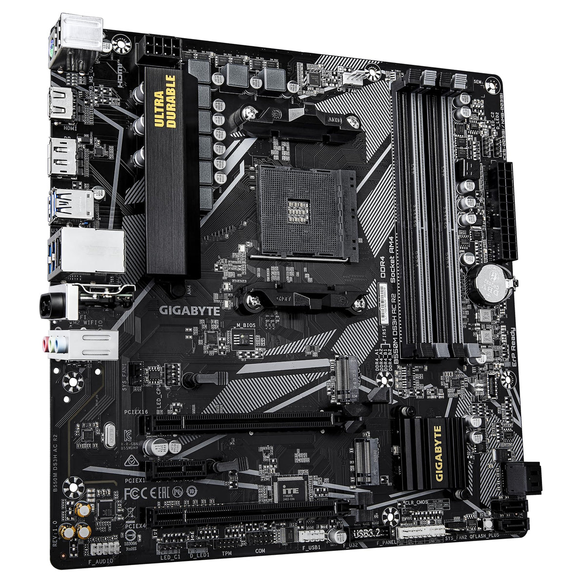 Placa de bază GIGABYTE B550M DS3H AC – compatibilă cu procesoarele AMD Ryzen 5000, VRM cu 5+3 faze, suport pentru DDR4 de până la 4733 MHz (O.C.), 1x PCIe 4.0 + 1x PCIe 3.0 M.2, Wi-Fi 5, LAN 1 GbE, USB 3.2 Gen 1