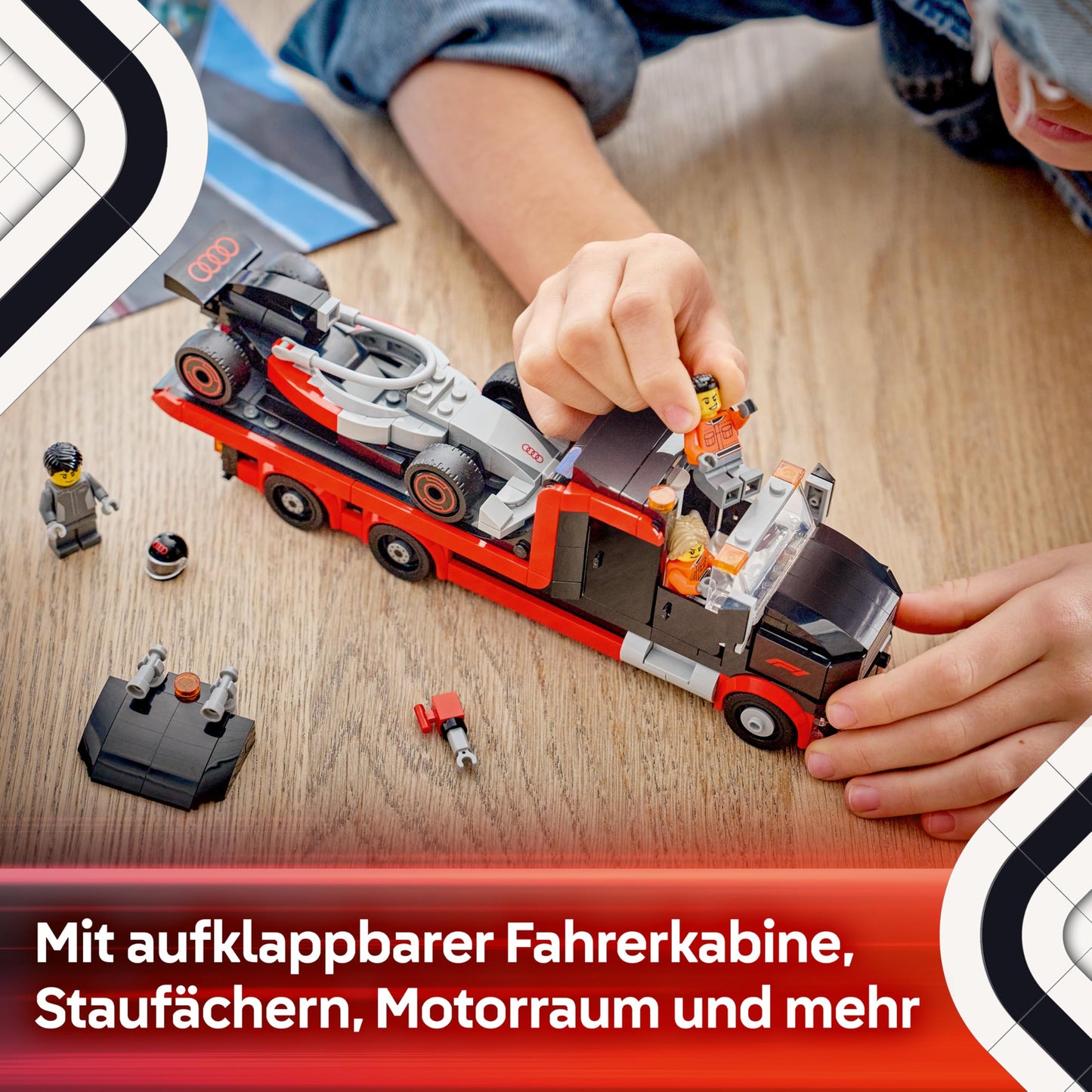 LEGO City F1 Truck with Audi F1 racing car - toy model building with 3 minifigures and vehicle lifting function - gift idea for boys aged 7 and up and motorsport fans - 60493