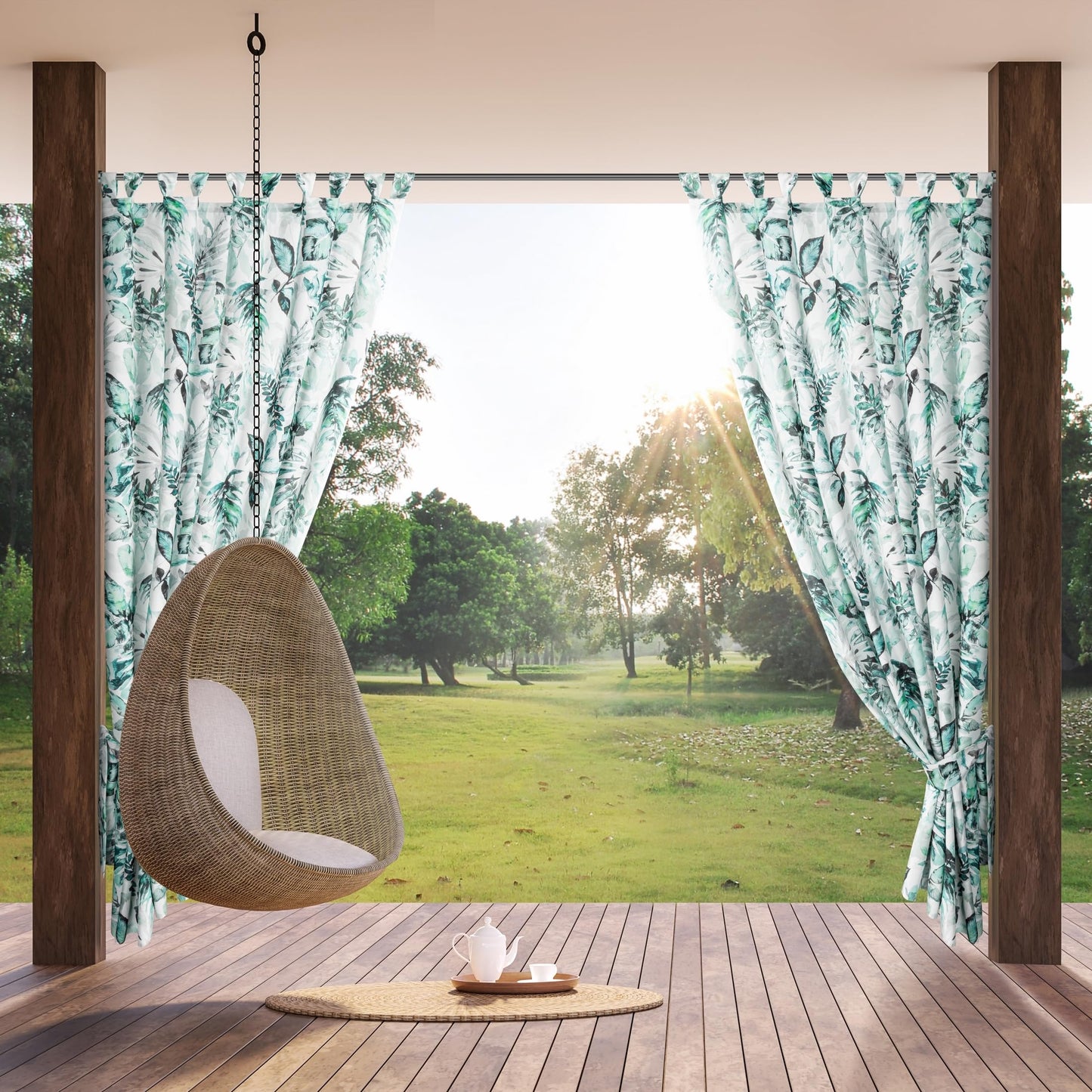 Eurofirany Garden outdoor curtain with loop curtain - 1 piece. Removable loops, sun protection, privacy screen, windproof, waterproof curtain for gazebo, terrace, pergola, 155 x 200 cm, green print - ZAS/GARDEN