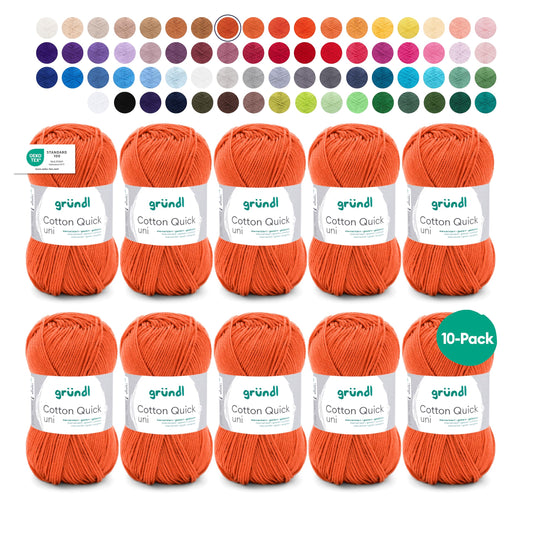 Gründl Wolle Cotton Quick uni - thin wool for crocheting - knitting yarn - crochet yarn - shiny and skin-friendly - 100% cotton - 10 balls 50 g / 125 m - needle size 3-4 - rust red - 865-176