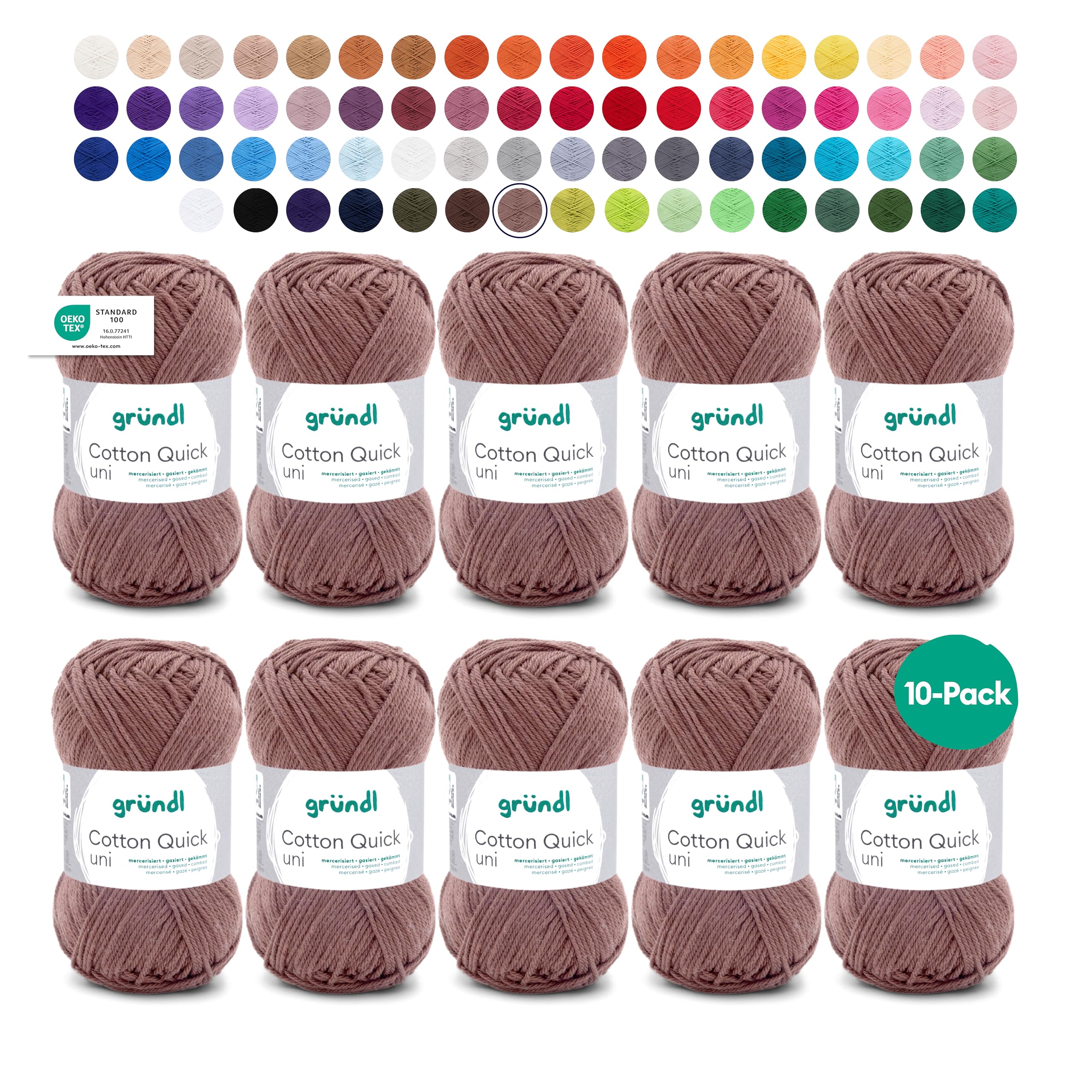 Gründl Wolle Cotton Quick uni - thin wool for crocheting - knitting yarn - crochet yarn - shiny and skin-friendly - 100% cotton - 10 balls 50 g / 125 m - needle size 3-4 - coffee - 865-173