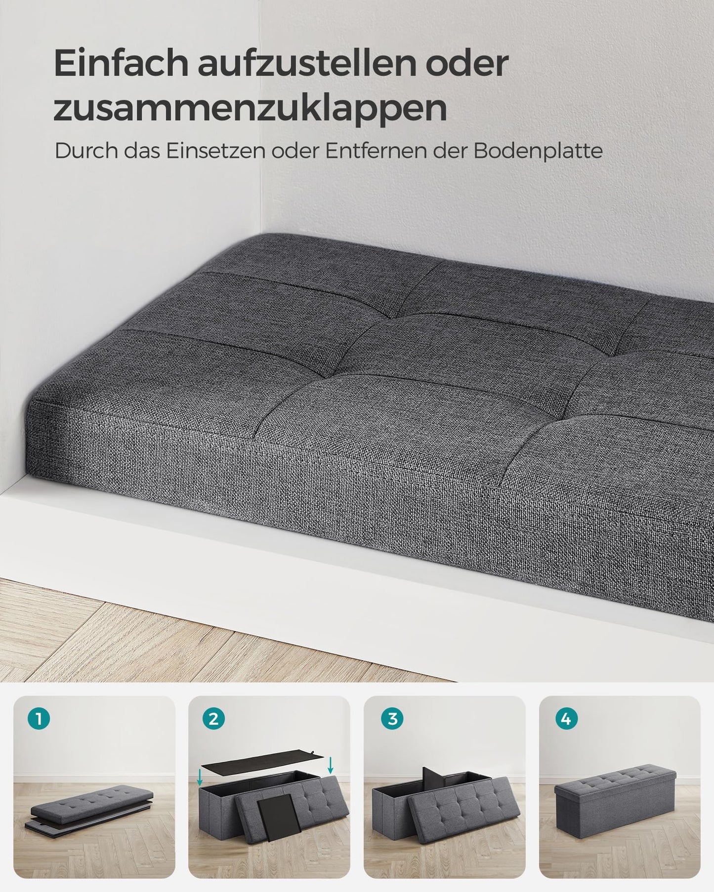 SONGMICS stool with storage space, folding bench, 38 x 110 x 38 cm footstool, storage box, loads up to 300 kg, for living room, bedroom, hallway, slate gray LSF77K - 6955880314393