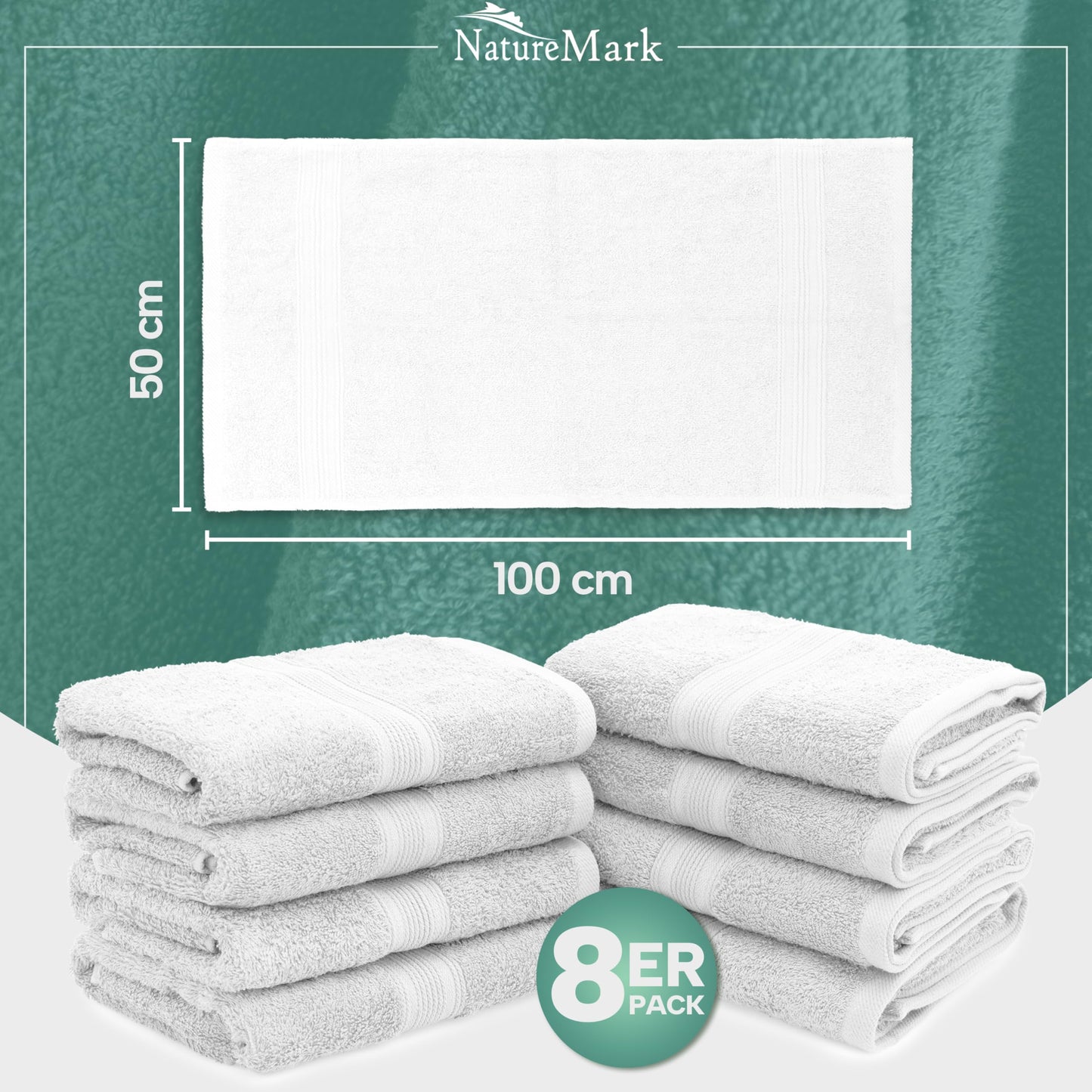 NatureMark 8 towel set - 100% cotton - absorbent and durable towels, size 50×100cm, white - NM-HT0843