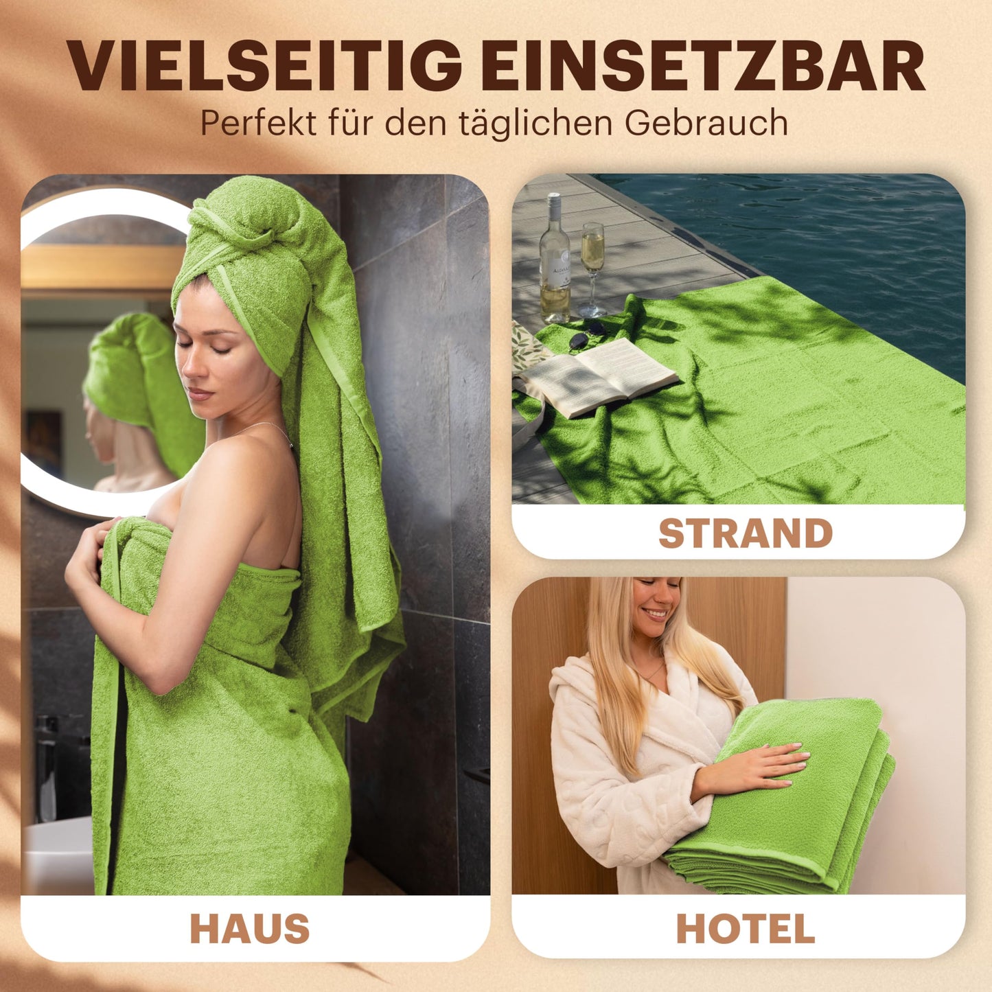 NatureMark 4-piece shower towel set - soft and absorbent shower towels made from 100% cotton, suitable for everyday use - apple green, 70x140 cm - NM-HT0725