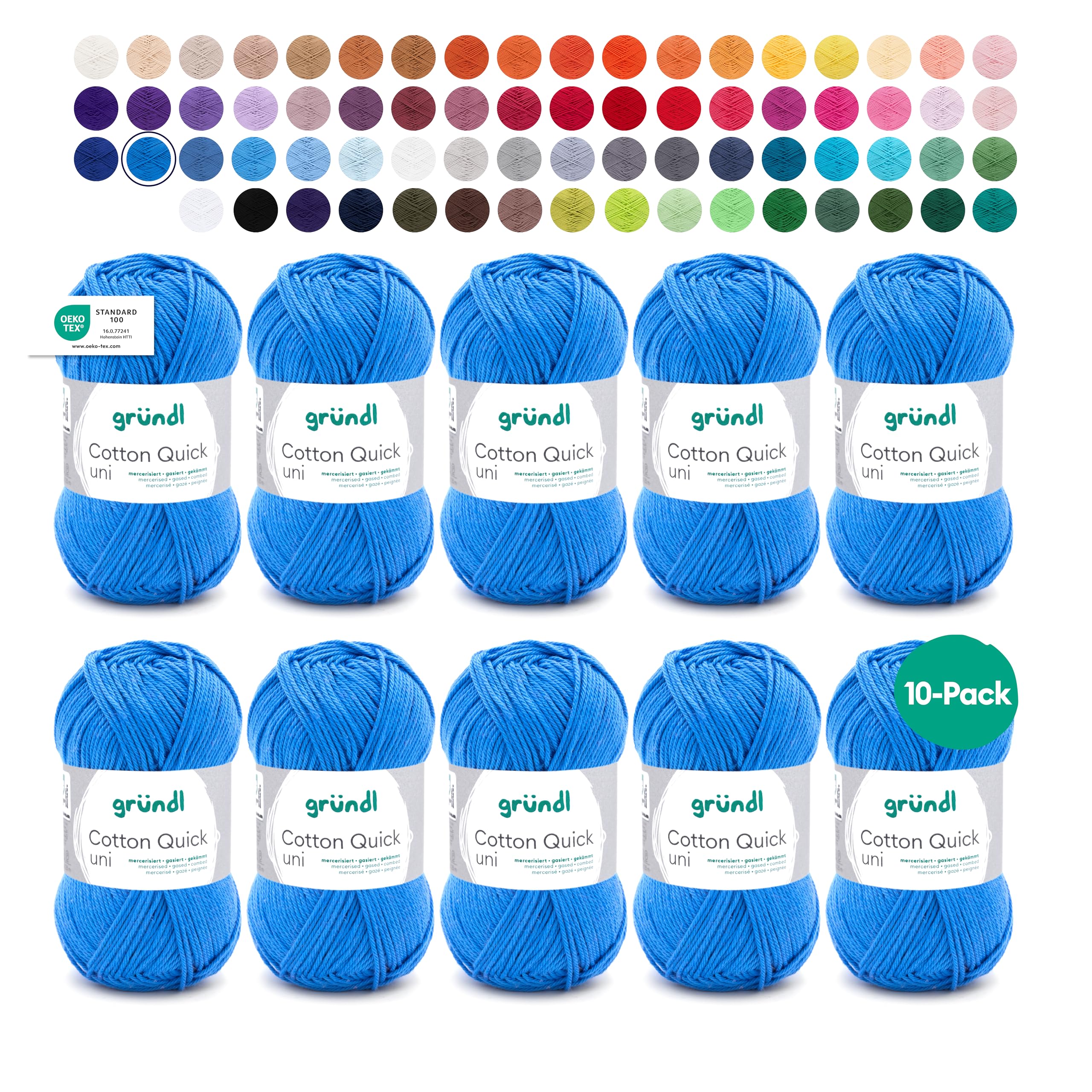 Gründl Wolle Cotton Quick uni - thin wool for crocheting - knitting yarn - crochet yarn - shiny and skin-friendly - 100% cotton - 10 balls 50 g / 125 m - needle size 3-4 - medium blue - 865-126