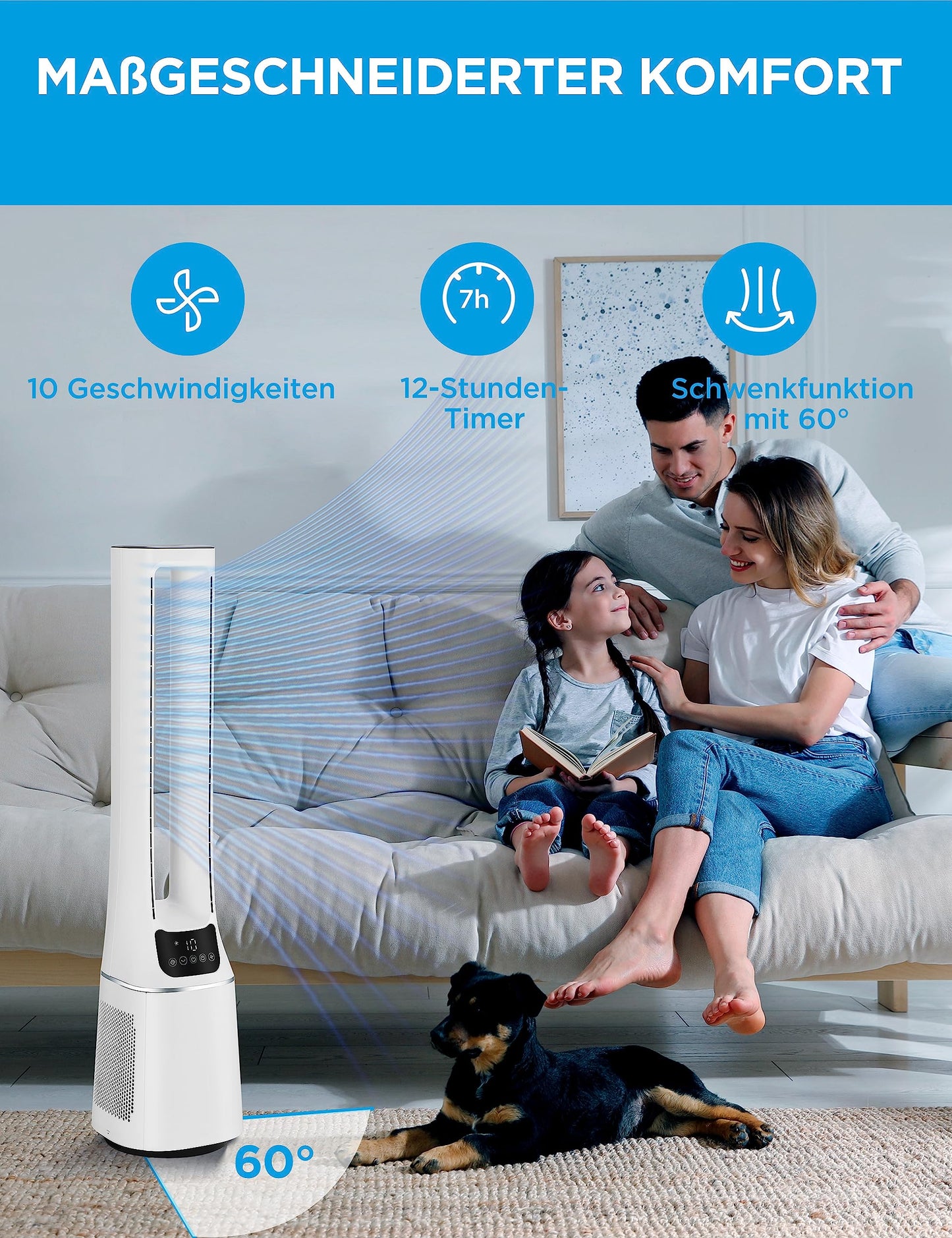 Midea MFP-120 (WH) 2 in 1 Tower Fan Quiet 38dB Air Purifier CADR 120 for 47.6㎡ LED Display Remote Control Oscillation 12H Timer White