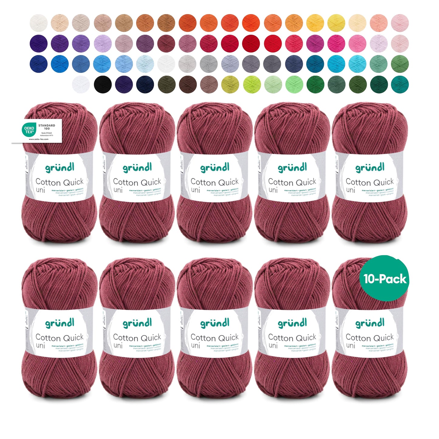 Gründl Wolle Cotton Quick uni - thin wool for crocheting - knitting yarn - crochet yarn - shiny and skin-friendly - 100% cotton - 10 balls 50 g / 125 m - needle size 3-4 - bordeaux - 865-155
