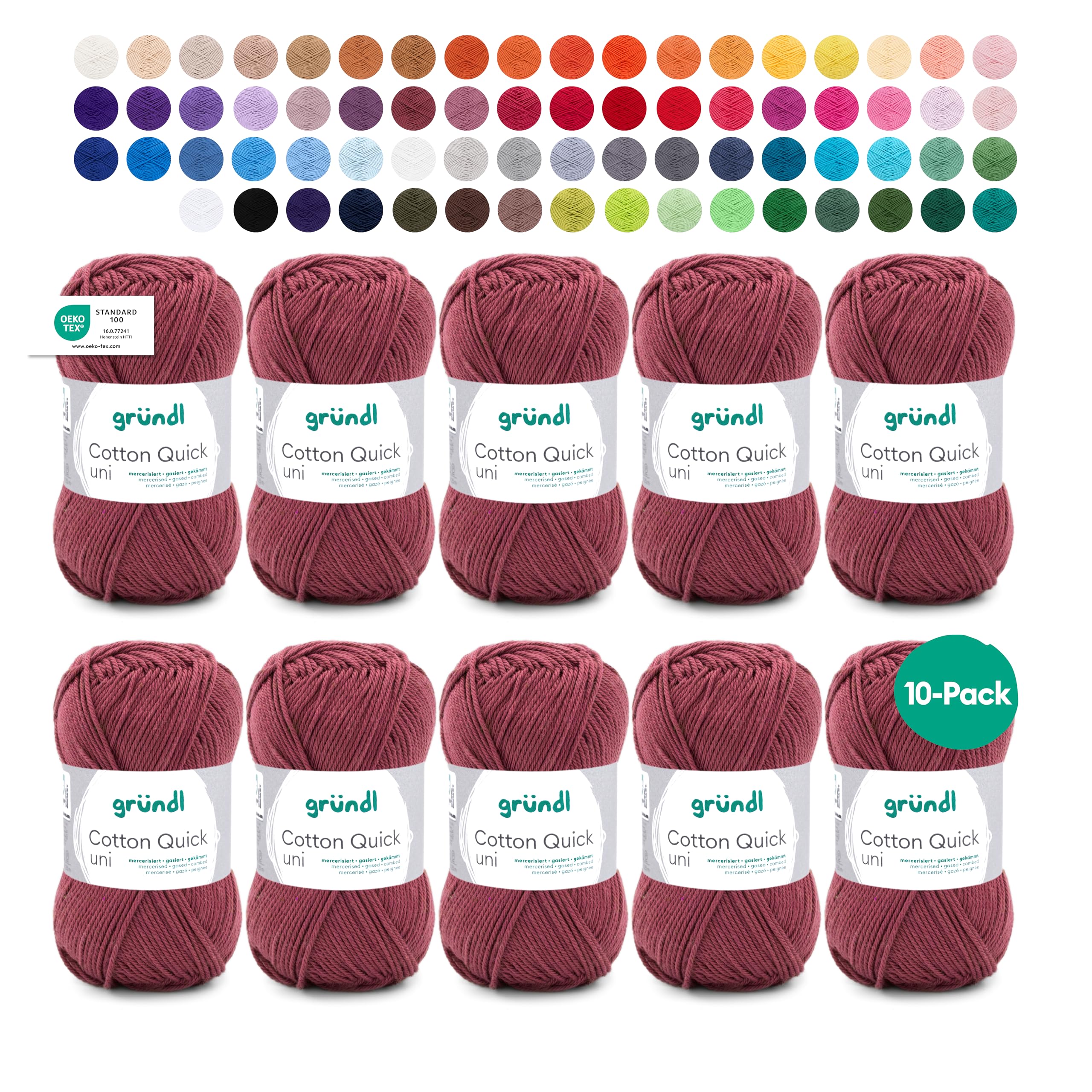 Gründl Wolle Cotton Quick uni - thin wool for crocheting - knitting yarn - crochet yarn - shiny and skin-friendly - 100% cotton - 10 balls 50 g / 125 m - needle size 3-4 - bordeaux - 865-155