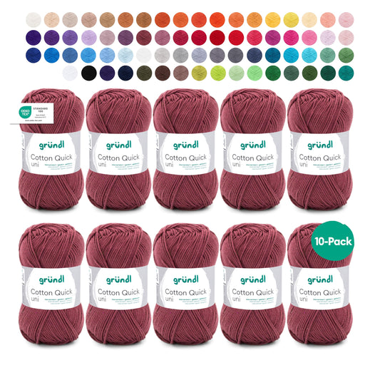 Gründl Wolle Cotton Quick uni - thin wool for crocheting - knitting yarn - crochet yarn - shiny and skin-friendly - 100% cotton - 10 balls 50 g / 125 m - needle size 3-4 - bordeaux - 865-155