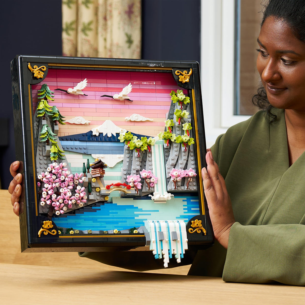 LEGO Art Japanese Cherry Blossom Landscape - DIY Set - Building Set for Adults - 3D Wall Art in a Frame featuring Mount Fuji, Sakura (Cherry Blossoms), and Waterfall - Gift for Men and Women - 31218