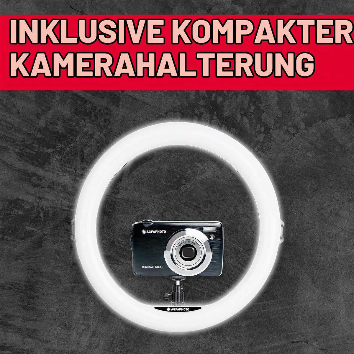 AgfaPhoto Ringlicht Realiview ARL11XL - 11-inch LED light with adjustable tripod (45cm to 155cm) - LED ring light for video, makeup, photography, compatible with smartphones and cameras. - 1x