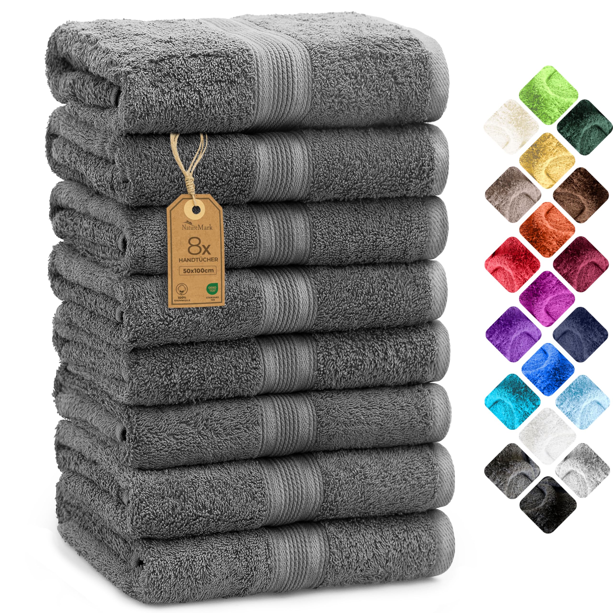 Set 8 prosoape NatureMark - 100% bumbac - prosoape absorbante și durabile, mărime 50×100cm, gri antracit - NM-HT0842