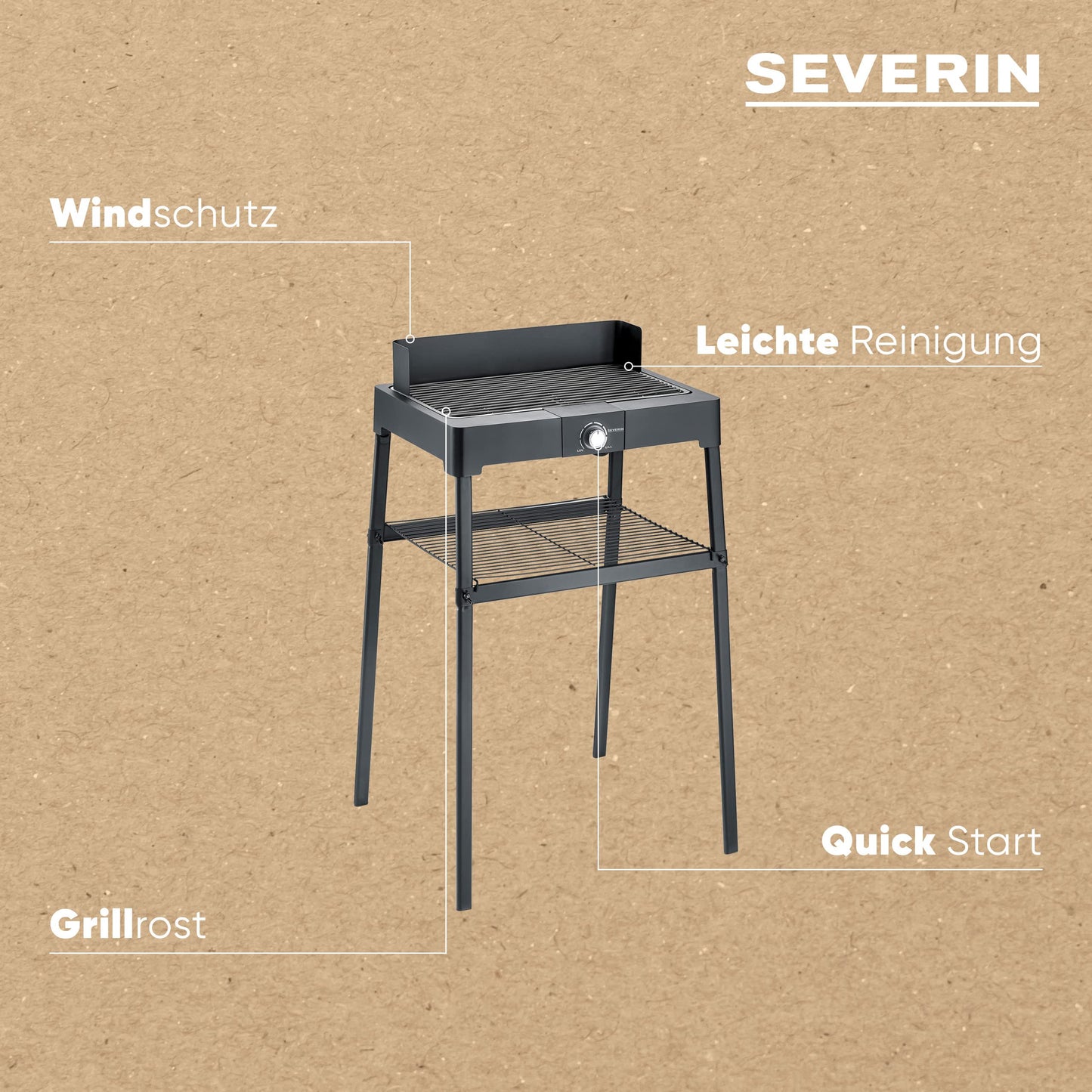 SEVERIN free-standing grill with stainless steel grill rack and base frame and storage rack, electric grill with quick grill start, balcony grill without risk of burns, black, PG 8566