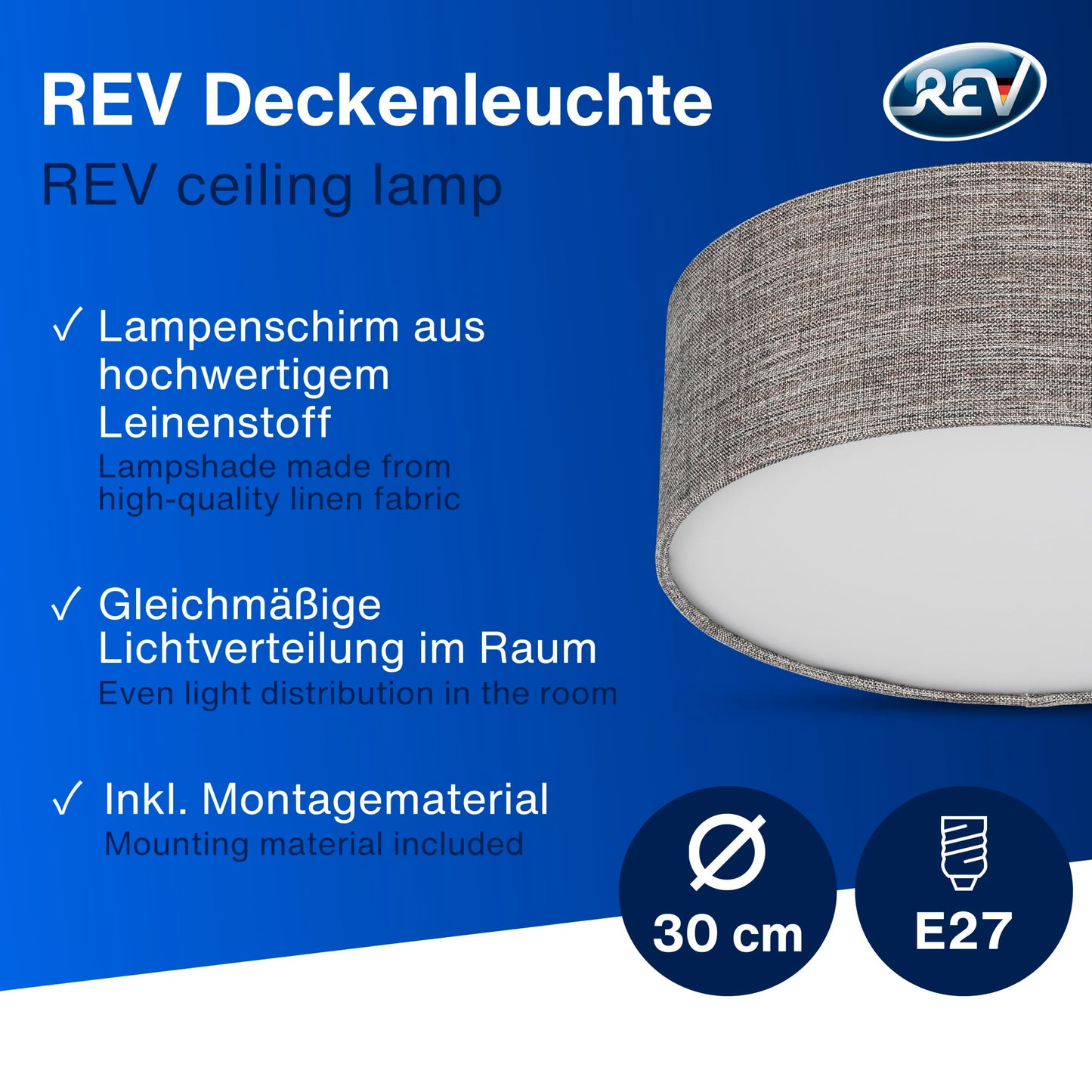 REV ceiling light - ceiling lamp around 30cm with fabric lampshade in a vintage look - ideal for bedrooms and living rooms, brown-silver - 2021121030