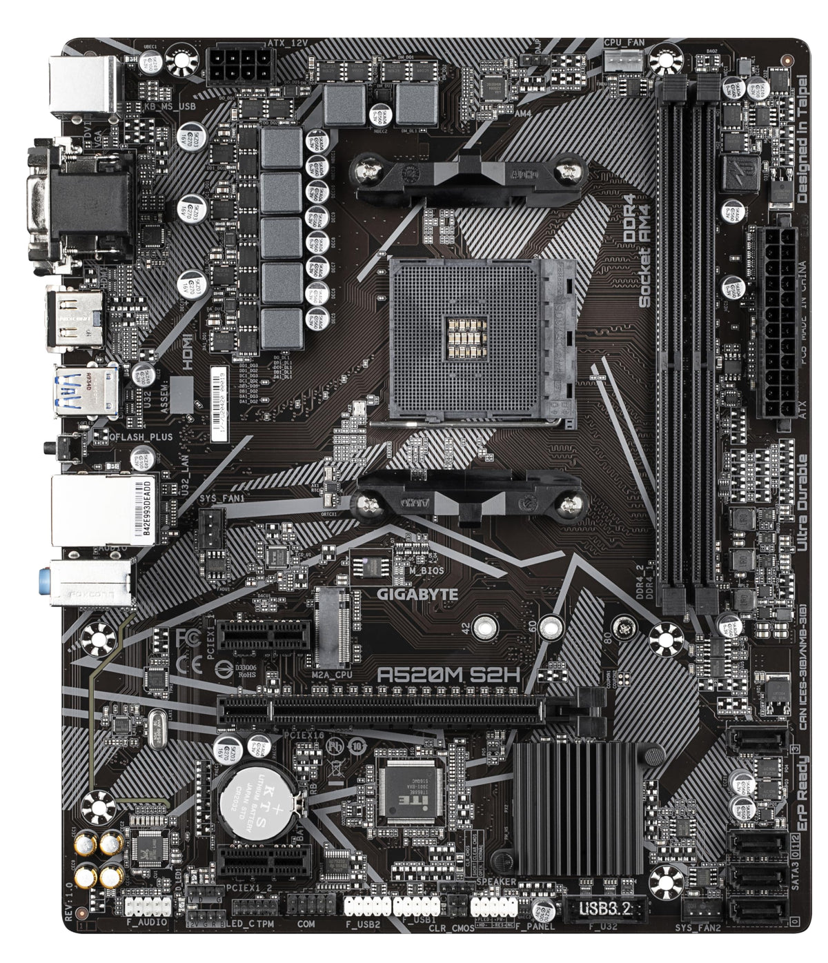 Placa de bază GIGABYTE A520M S2H - Suportă procesoare AMD Ryzen 5000 serie AM4, VRM digital pur de 4+3 faze, până la 5100MHz DDR4 (OC), PCIe 3.0 x4 M.2, LAN GbE, USB 3.2 Gen 1