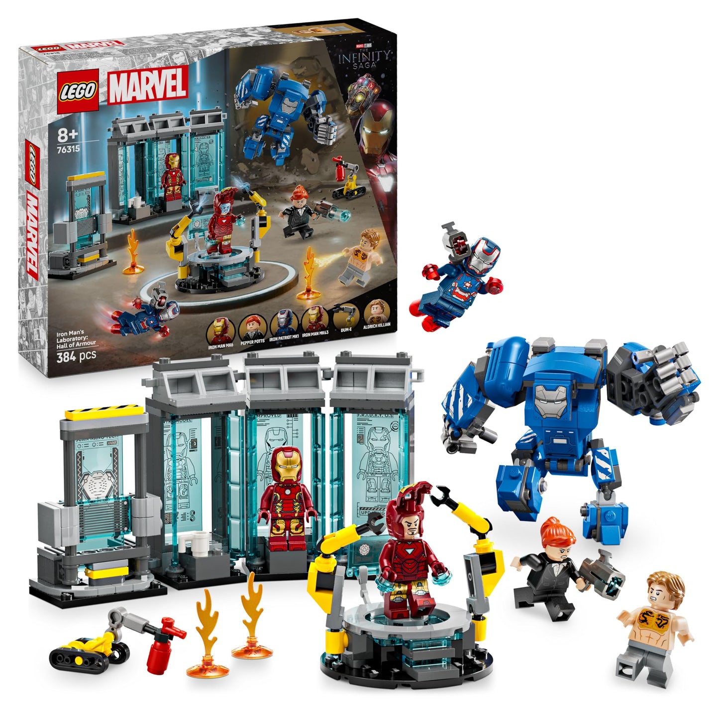 LEGO | Marvel Iron Man's Laboratory: Hall of Armors - Superhero toy with a mech figure, 5 minifigures including Aldrich Killian - Avengers gift for boys and girls aged 8 and over 76315