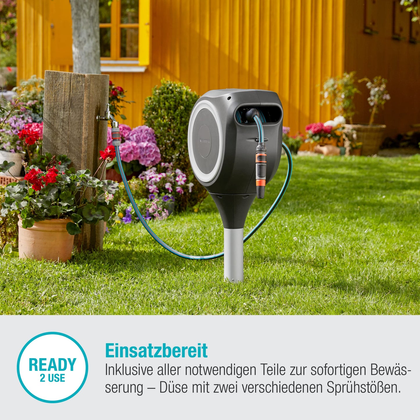 Gardena Garden and Terrace Hose Box RollUp M: Weatherproof box with RollUp technology and 20 m hose, irrigation of medium-sized gardens with terraces, automatic roll-up (18615-20) - 18616-60