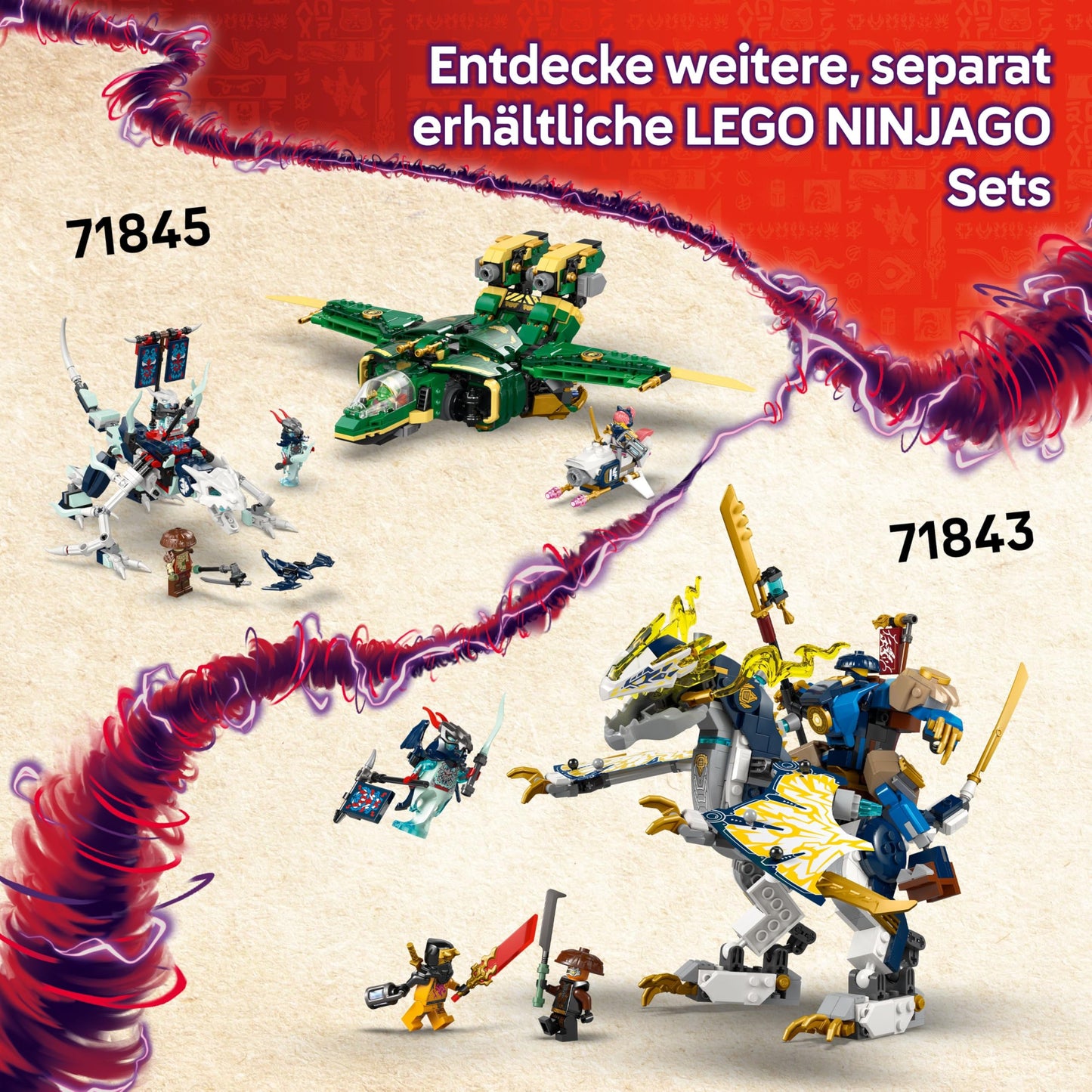 LEGO NINJAGO Ninja Action Speedster - 3-in-1 toy with 2 ninja bikes, 1 jet and 6 minifigures, including Kai and Frak - Rise of the Dragons Gift for boys aged 8 and up - 71844