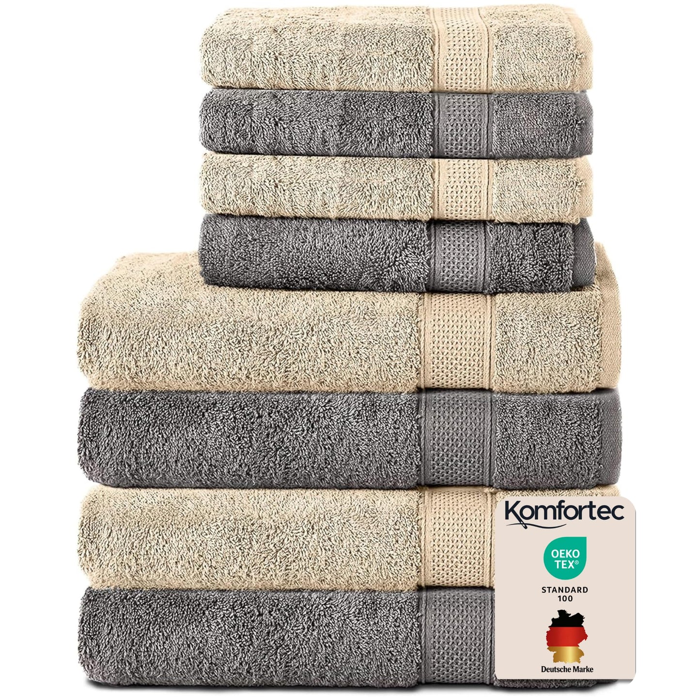 Komfortec set of 8 towels, 4 bath towels 70x140 cm & 4 hand towels 50x100 cm, 100% cotton terry cloth, fluffy and absorbent, anthracite/beige - 4er-50x100-und-4er-70x140-anth-beige