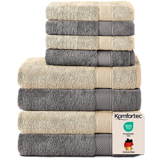 Set de 8 prosoape Komfortec, 4 prosoape de baie 70x140 cm și 4 prosoape de mână 50x100 cm, frotir 100% bumbac, pufos și absorbant, antracit/bej - 4er-50x100-und-4er-70x140-anth-beige