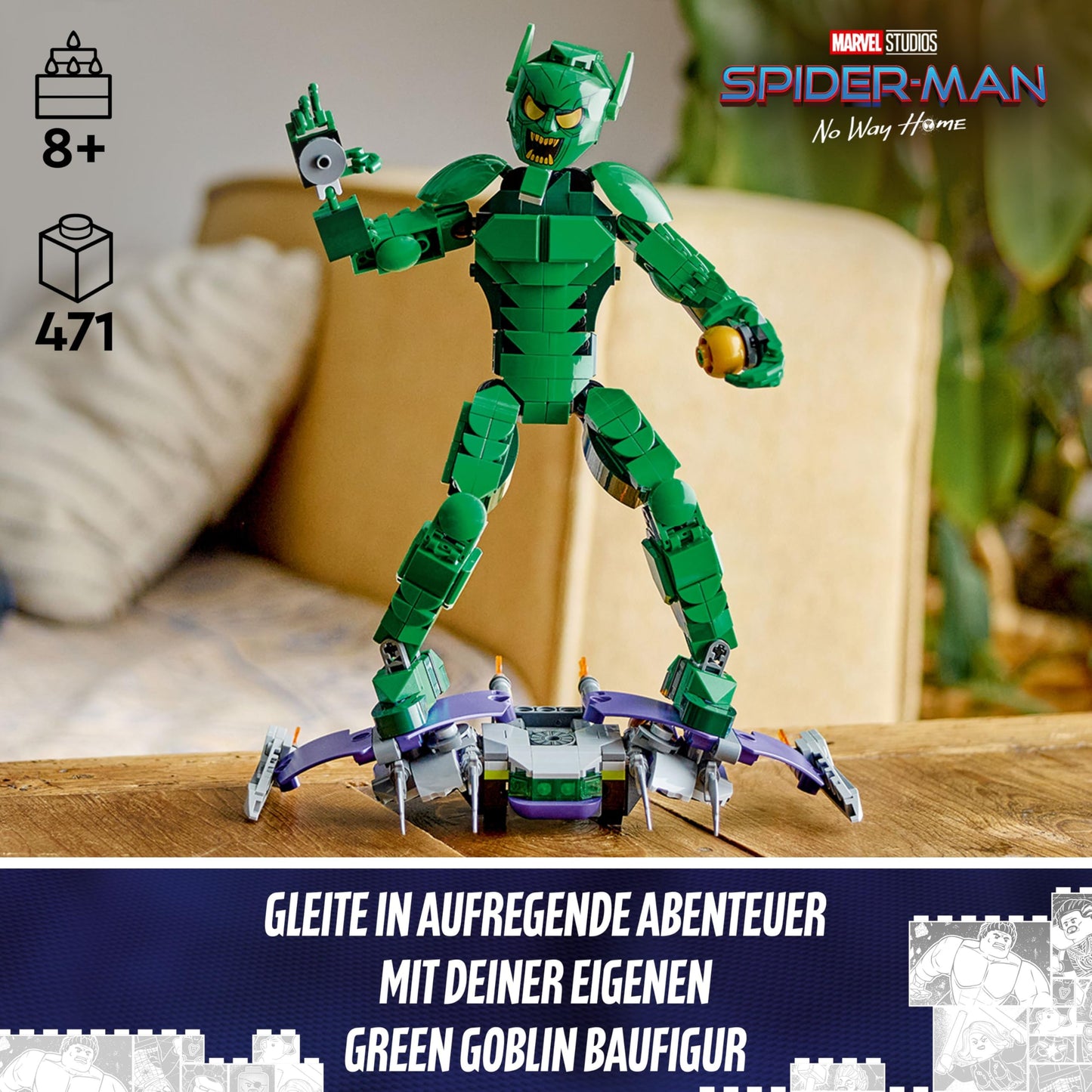 LEGO Marvel Green Goblin building figure - movable supervillain toy for children aged 8 and over - boys and girls - Spider-Man universe set with glider and pumpkin bombs - children's gift - 76284