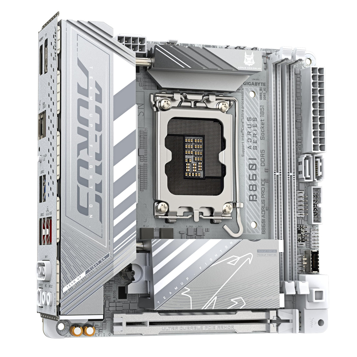 GIGABYTE B860I AORUS PRO Ice Placă de bază - procesoare Intel Core Ultra, 8+1+2+1 faze VRM, până la 9200MHz DDR5, 1xPCIe 5.0 + 1xPCIe 4.0 M.2, LAN 2,5 GbE, WiFi 7, Thunderbolt 4