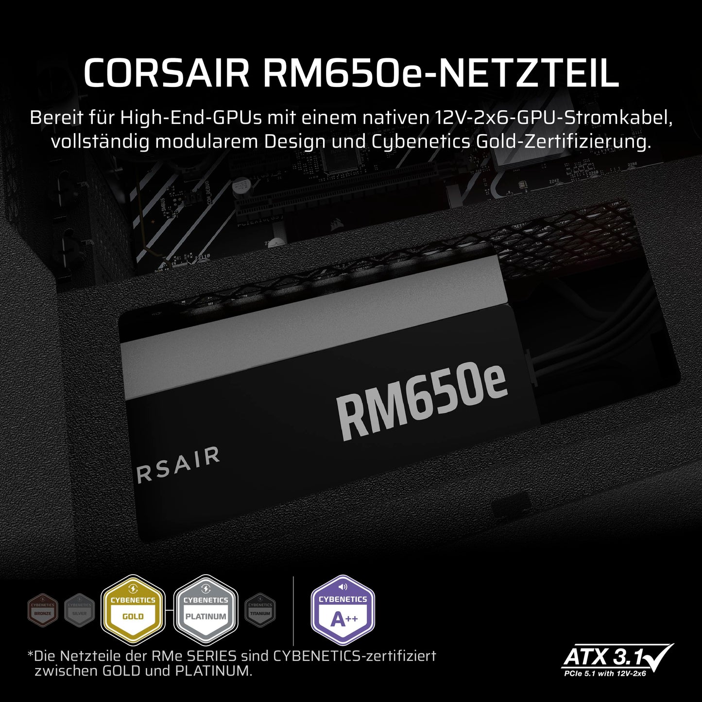 CORSAIR RM650e (2025) Quiet Fully Modular ATX Power Supply with 12V 2x6 Cable - Zero RPM Fan Mode, ATX 3.1 Compliant, PCIe 5.1 Support, Cybenetics Gold - Black - CP-9020302-EU