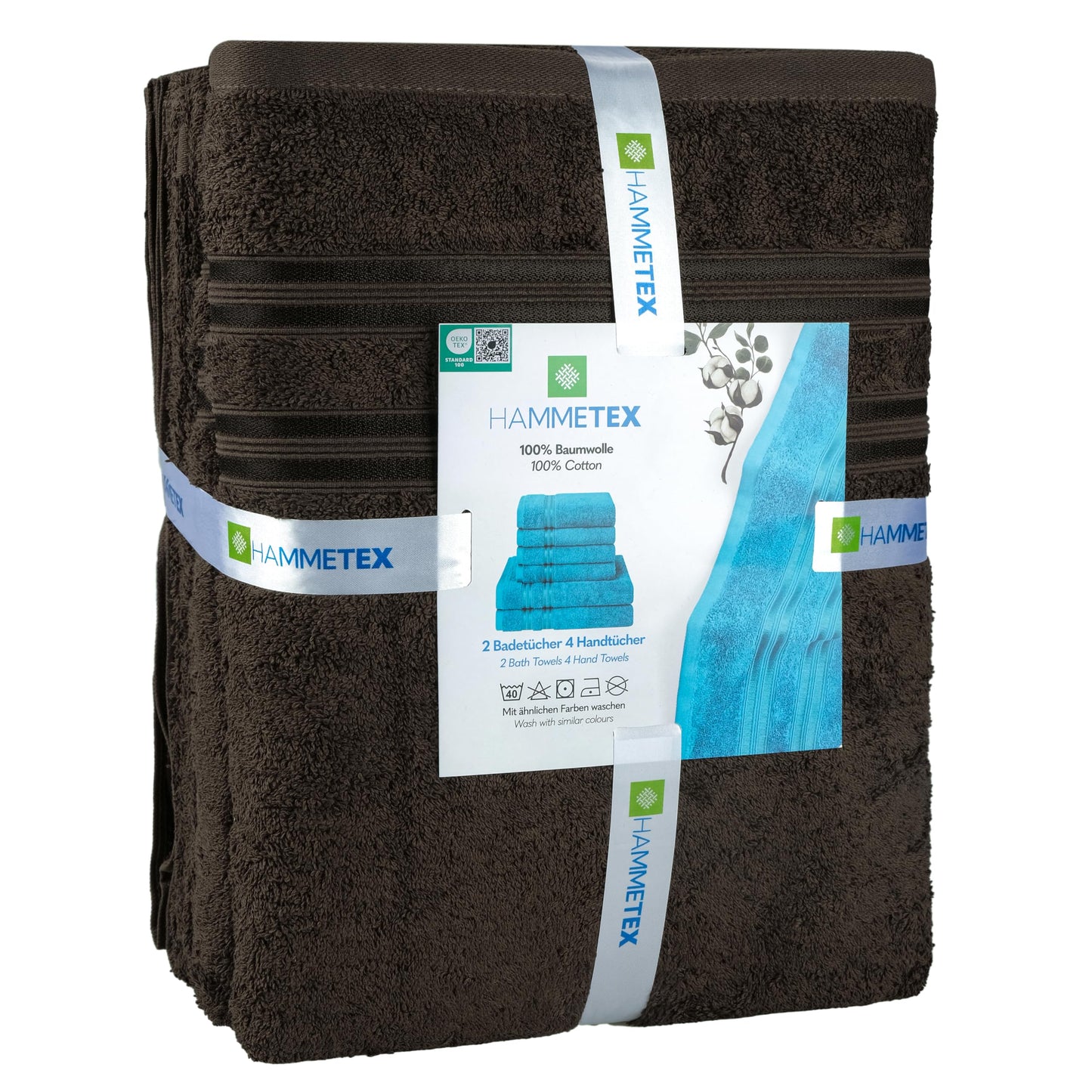 Hammetex set of 6 towels - 2 bath towels 70x140 cm & 4 hand towels 50x100 cm - 100% cotton terry - Oeko-TEX certified - soft, absorbent - with hangers, brown - RN68