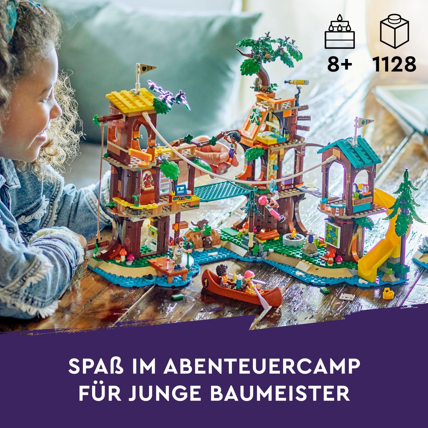 LEGO Friends tree house in the adventure camp, play set for girls and boys aged 8 and over with 5 toy figures and 5 animals, gift idea for creative play, sports toy, dollhouse 42631