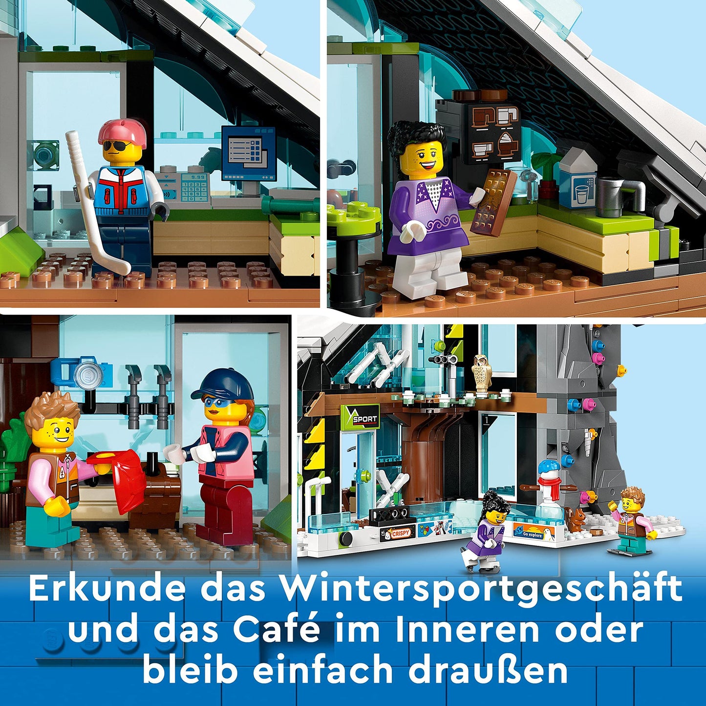 LEGO 60366 City Winter Sports Park, set with winter sports shop, café and a working lift for skiers, toy with 8 minifigures and an owl figure, building with modules, 2023 gift