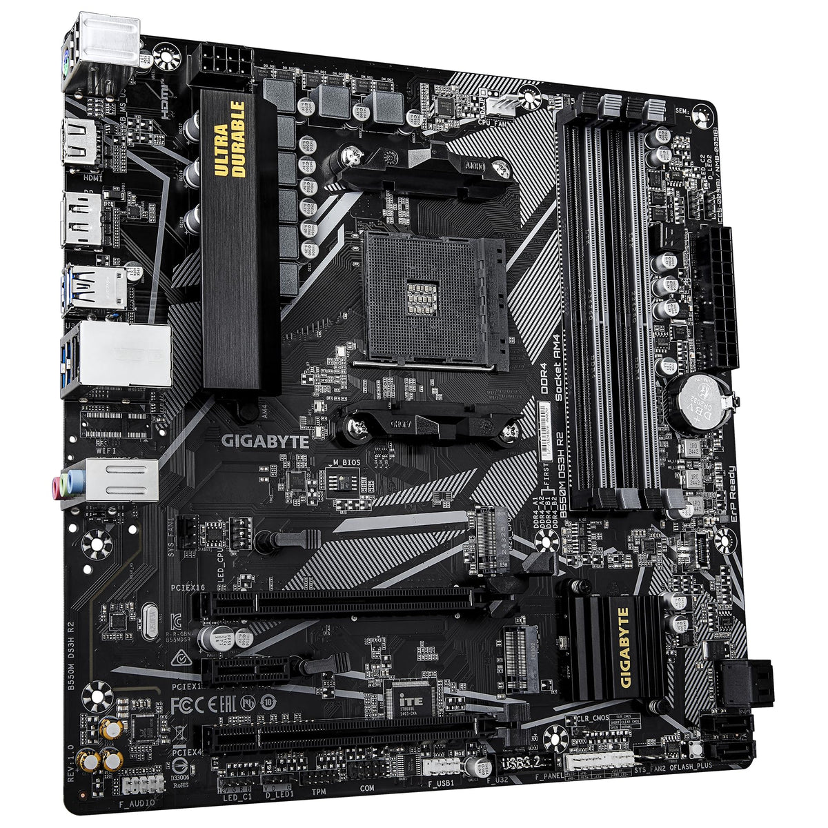 Placa de bază GIGABYTE B550M DS3H R2 – Procesor AMD Ryzen 5000, VRM cu 5+3 faze, până la 4733 MHz DDR4 (O.C.), 1x PCIe 4.0 + 1x PCIe 3.0 M.2, LAN 1 GbE, USB 3.2 Gen 1