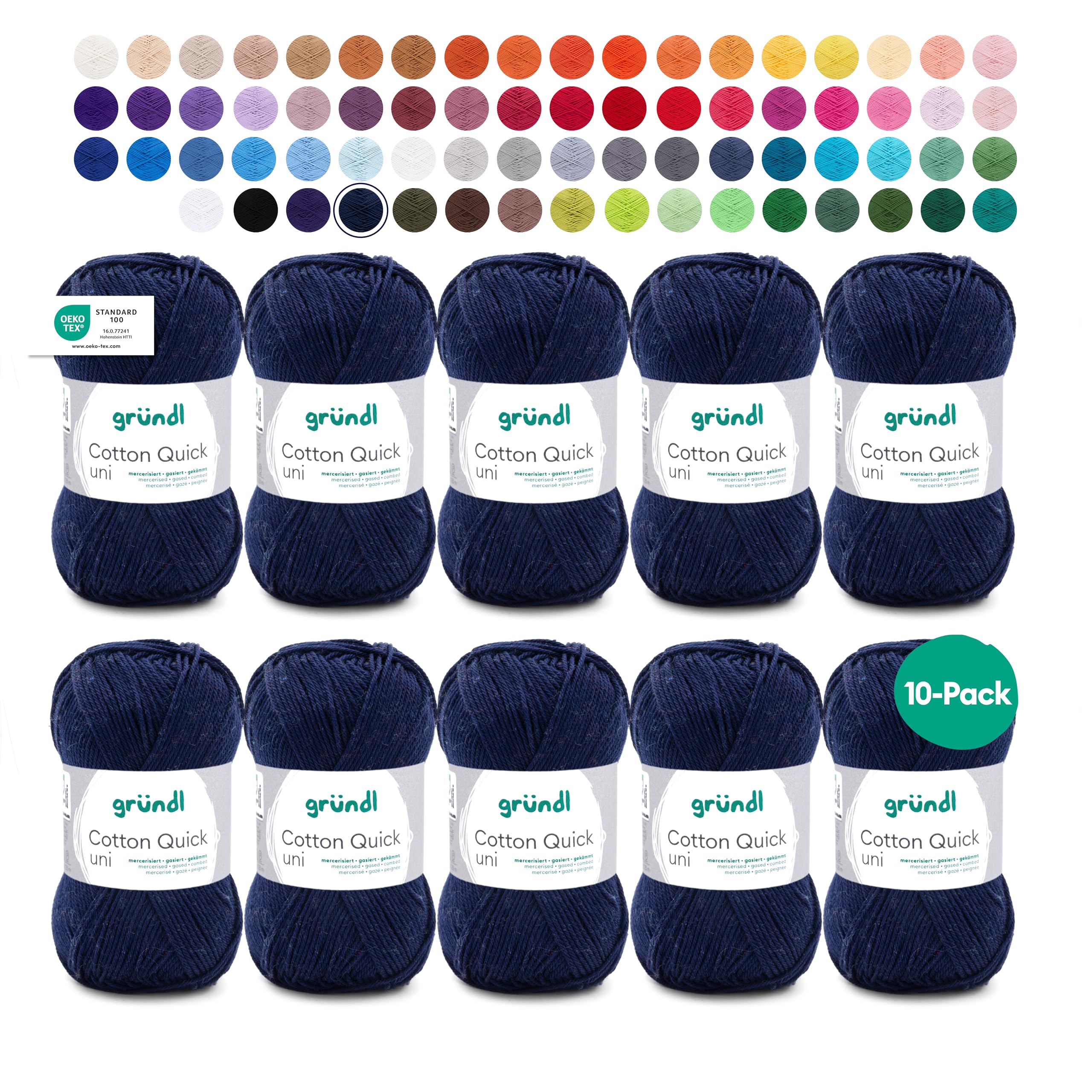 Gründl Wolle Cotton Quick uni - thin wool for crocheting - knitting yarn - crochet yarn - shiny and skin-friendly - 100% cotton - 10 balls 50 g / 125 m - needle size 3-4 - dark blue - 865-145