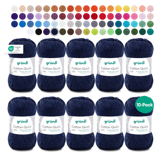 Gründl Wolle Cotton Quick uni - thin wool for crocheting - knitting yarn - crochet yarn - shiny and skin-friendly - 100% cotton - 10 balls 50 g / 125 m - needle size 3-4 - dark blue - 865-145