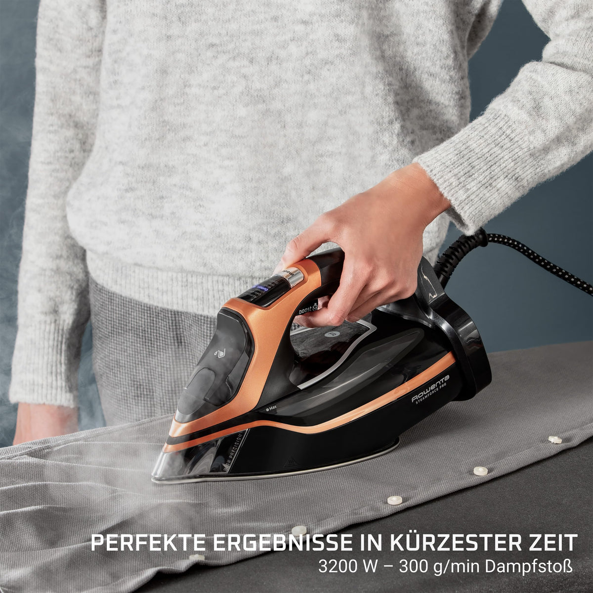 Rowenta Steamforce Pro Steam Iron, 3200 W, 75 g/min continuous steam output, extra strong steam shot, 350 ml water tank, scratch-resistant soleplate, anti-calc system, Black/Copper, DW9520D1